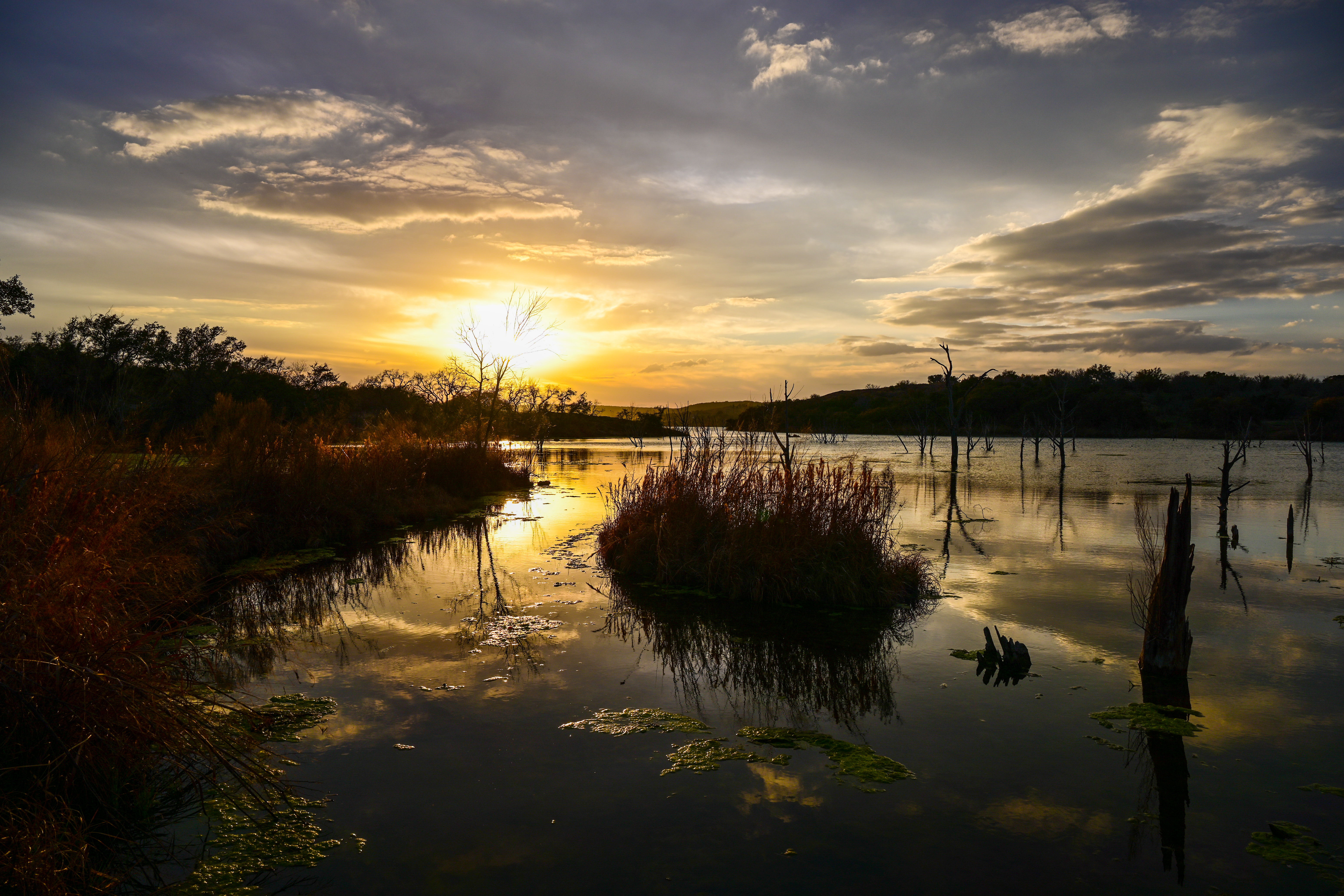 Laden Sie das Sunset, See, Grass, Natur-Bild kostenlos auf Ihren PC-Desktop herunter