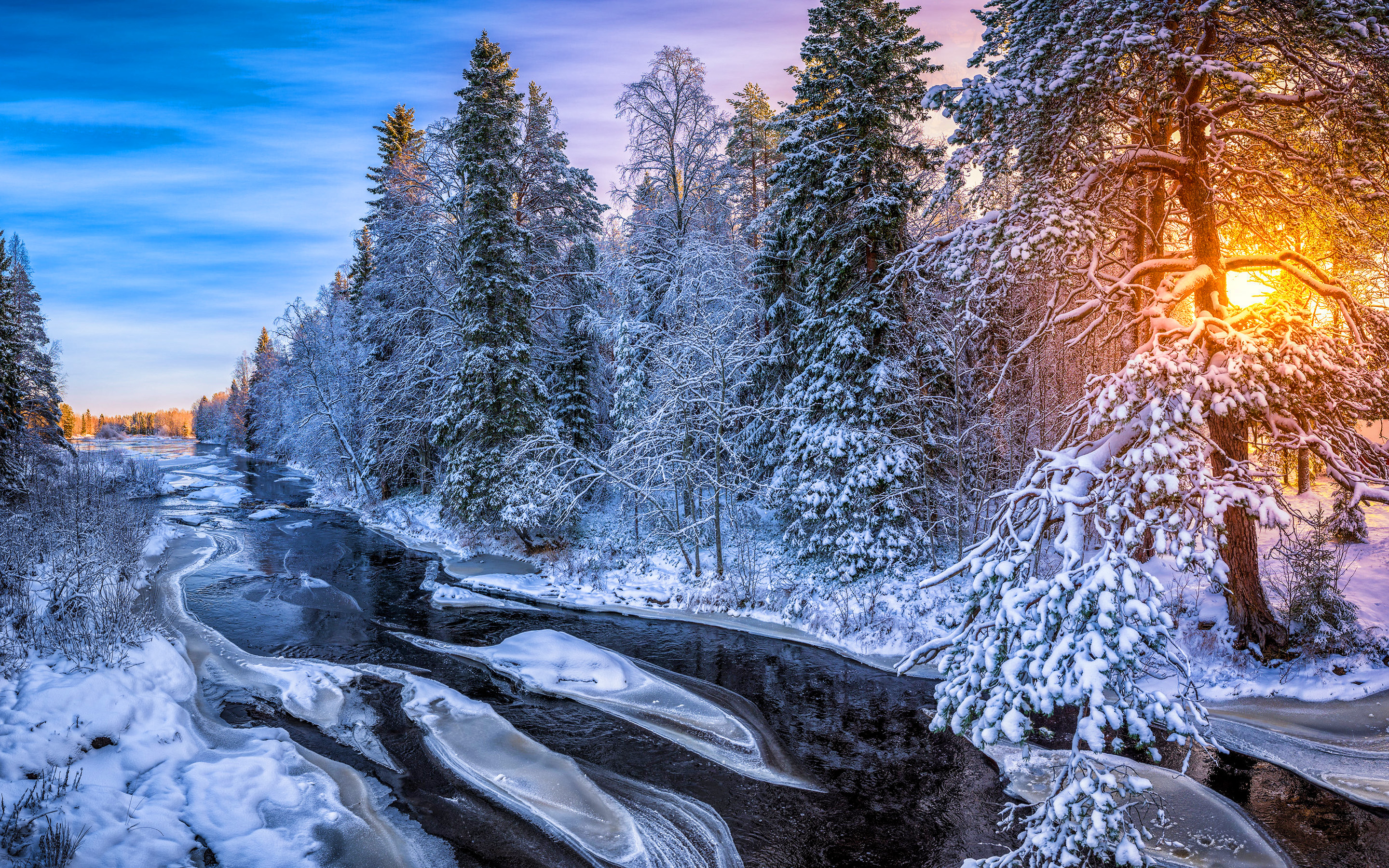 Download mobile wallpaper Winter, Snow, Forest, Earth, River for free.