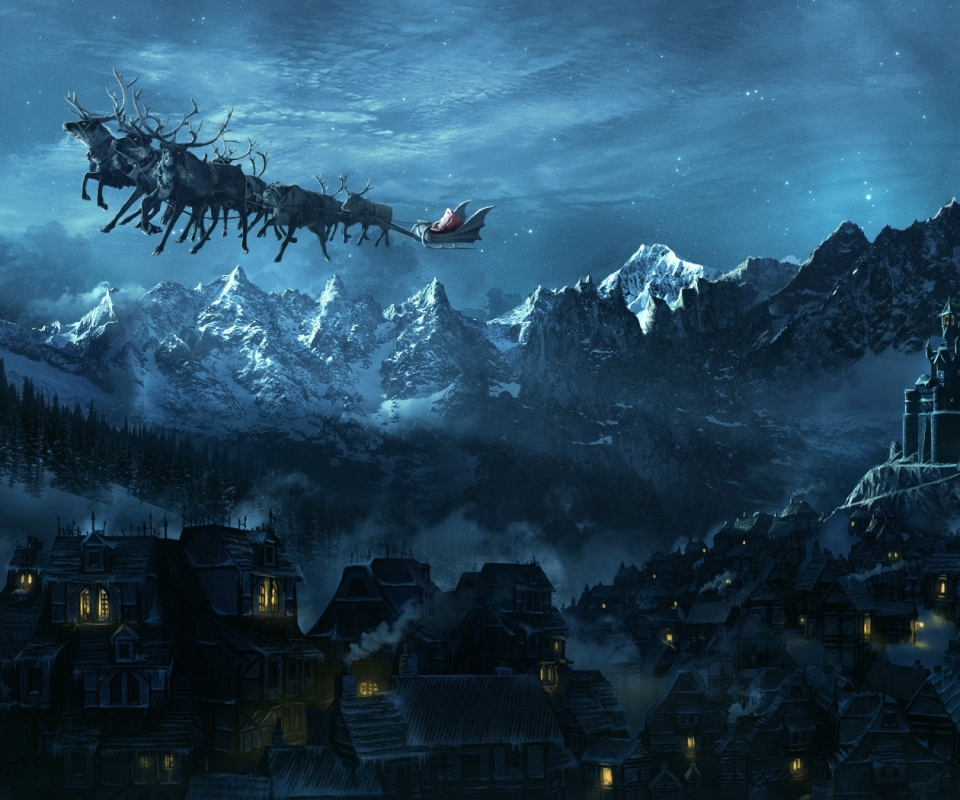 Free download wallpaper Night, Mountain, Fog, Christmas, Holiday, Village, Sleigh, Santa, Reindeer on your PC desktop