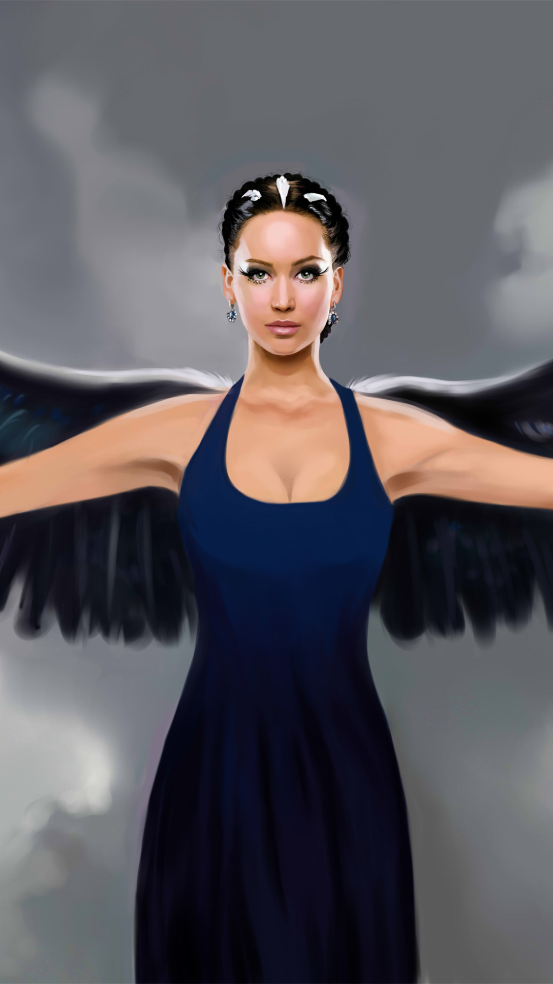 Download mobile wallpaper Fantasy, Wings, Angel, Movie, Blue Dress, Katniss Everdeen, The Hunger Games for free.