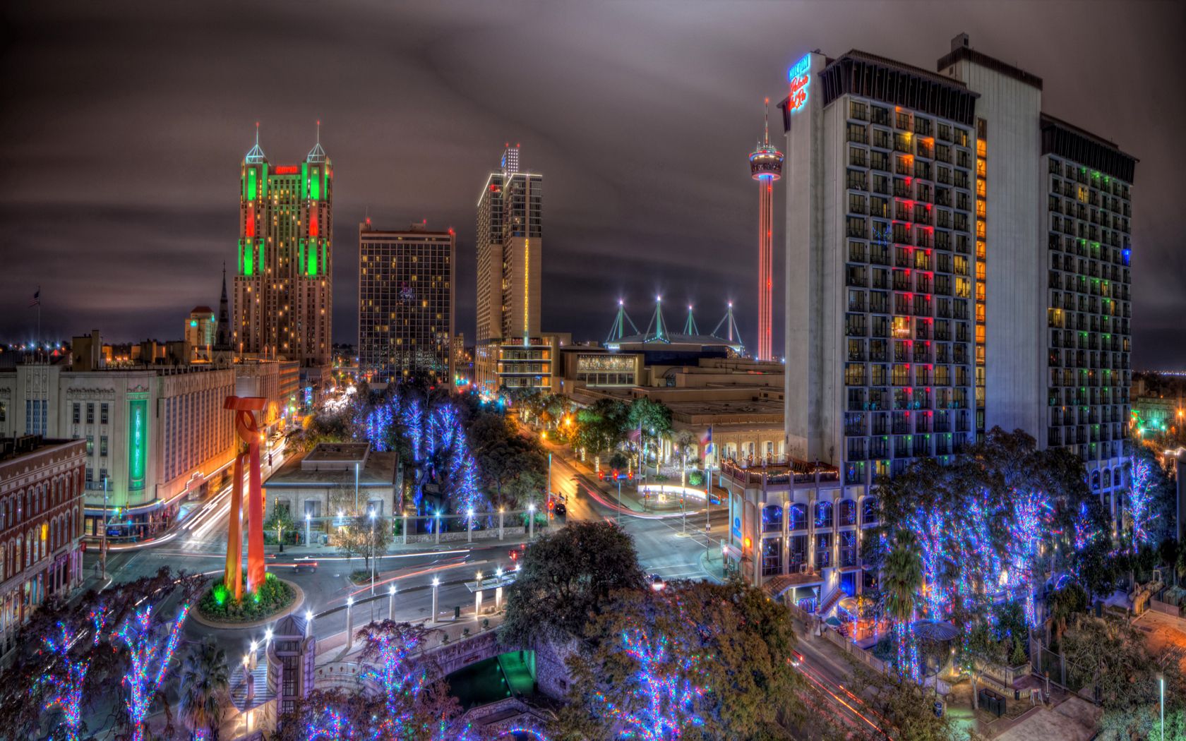 san antonio, cities, trees, night, colorful, colourful, texas, city decoration, decorations of the city