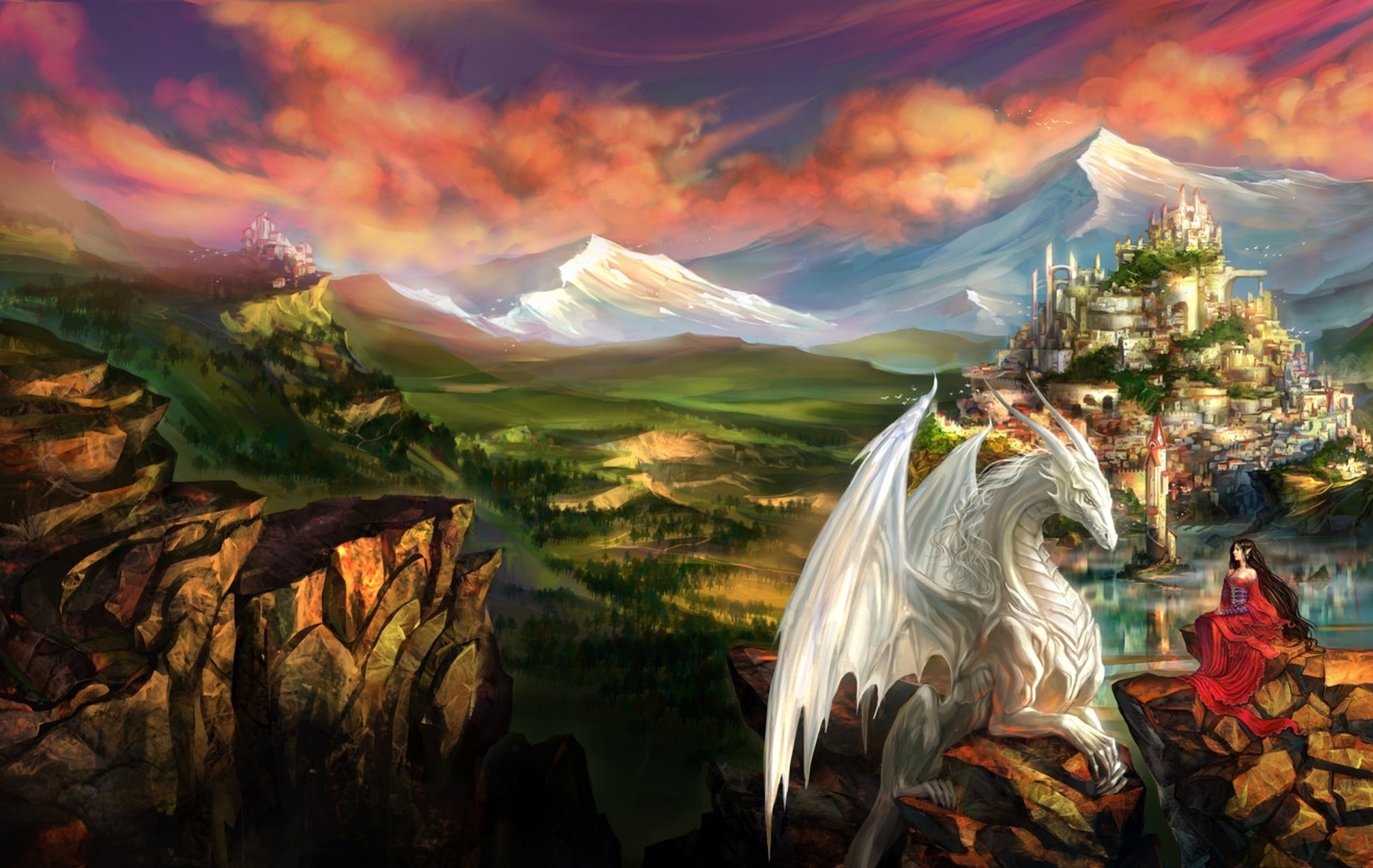 Download mobile wallpaper Lock, Princess, Mountains, Landscape, Dragon, Fantasy for free.