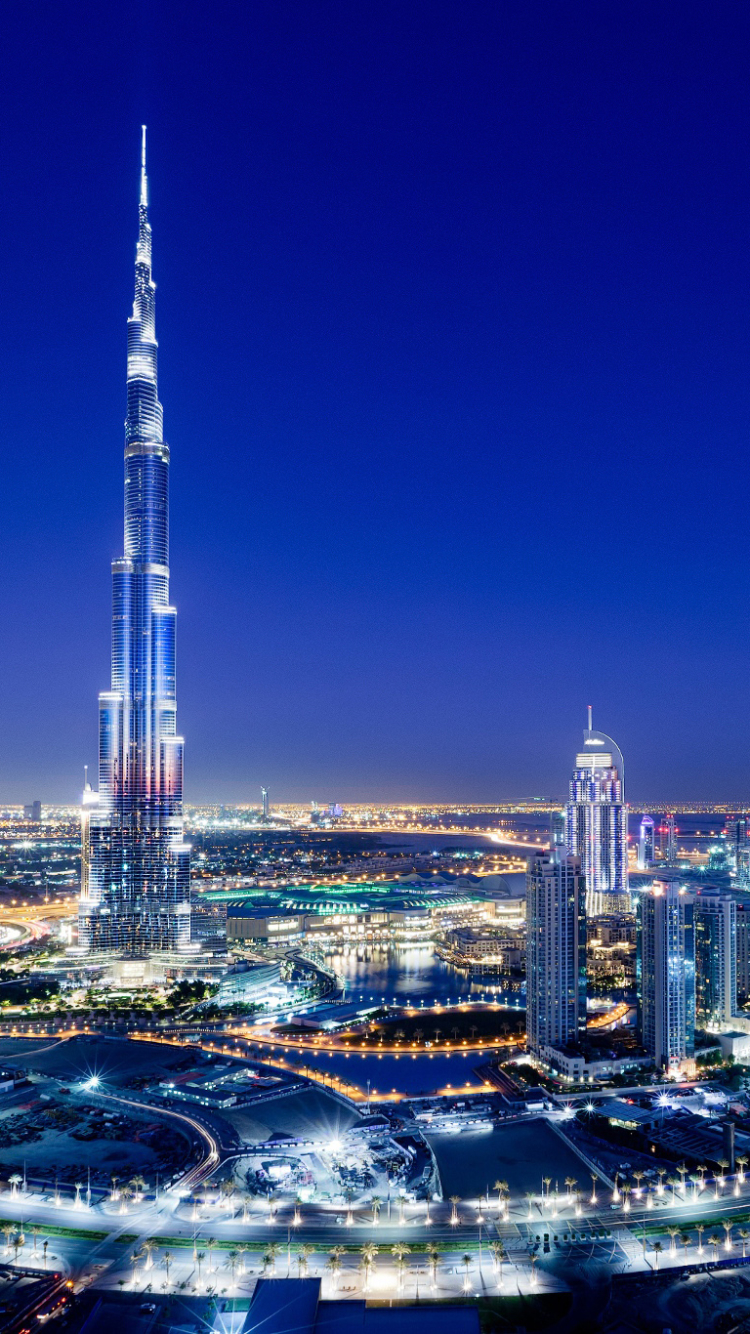 Download mobile wallpaper Night, City, Dubai, Burj Khalifa, Man Made for free.