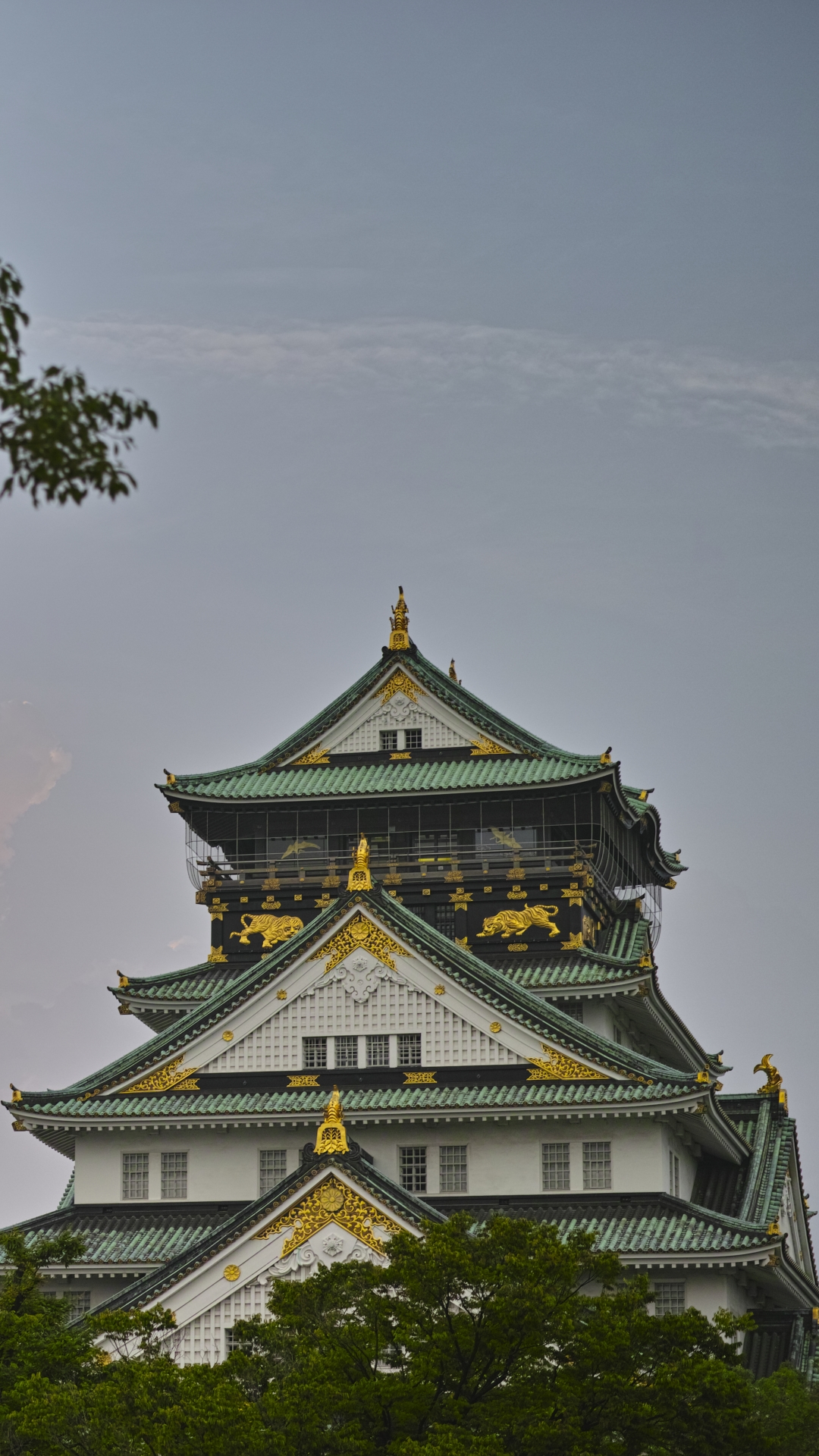 Download mobile wallpaper Sky, Castles, Branch, Japan, Cloud, Man Made, Osaka Castle for free.
