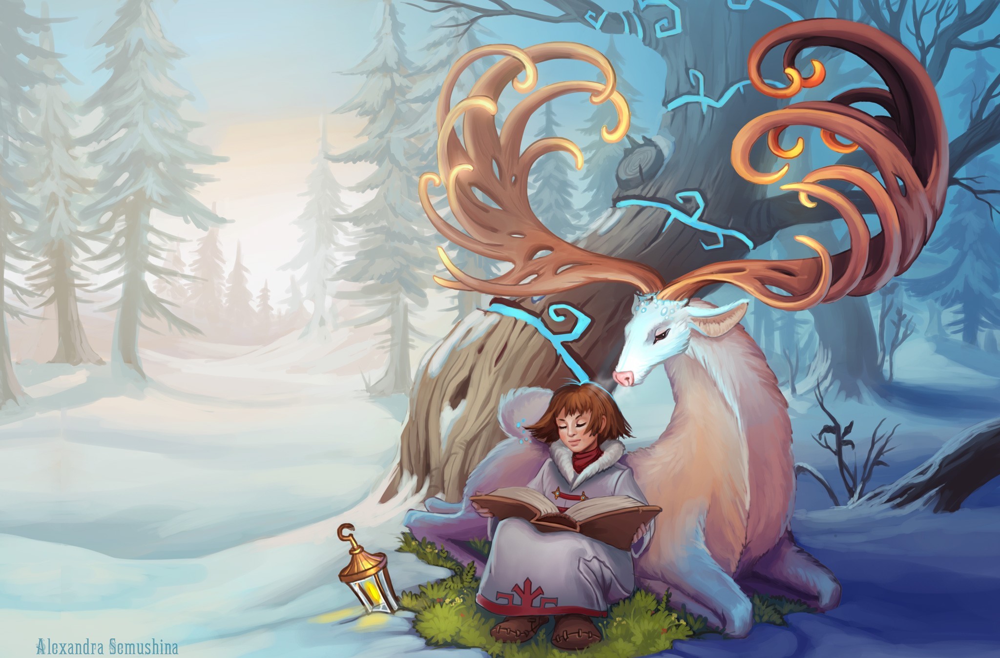 Laden Sie das Winter, Fantasie, Kinder, Schnee, Wald, Buch, Elch-Bild kostenlos auf Ihren PC-Desktop herunter