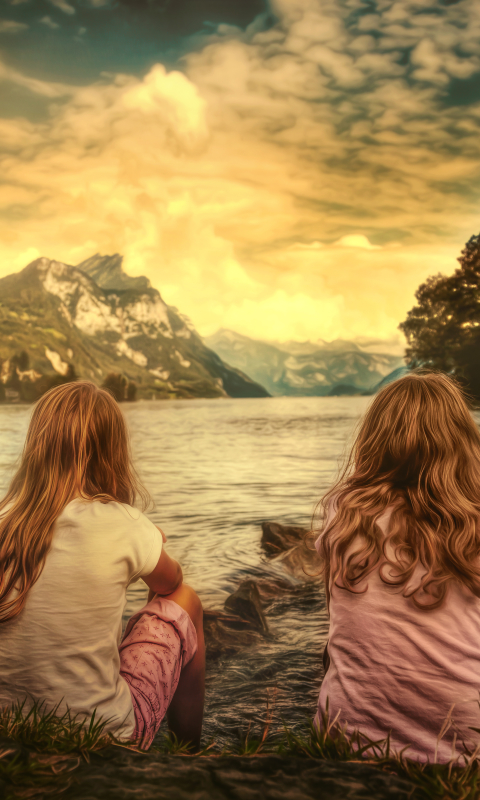 Download mobile wallpaper Landscape, Nature, Mountain, Lake, Glow, Switzerland, Cloud, Child, Photography for free.