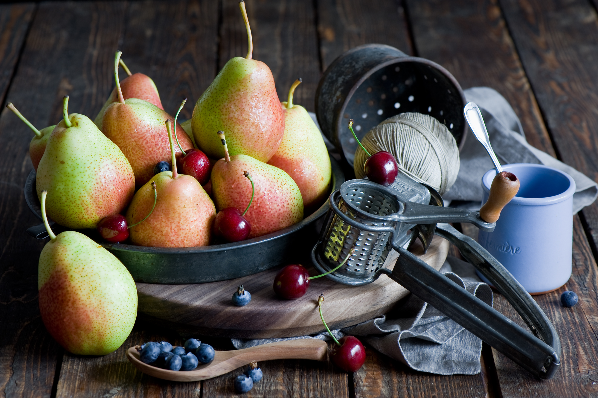 Download mobile wallpaper Fruits, Food, Cherry, Blueberry, Still Life, Fruit, Pear for free.