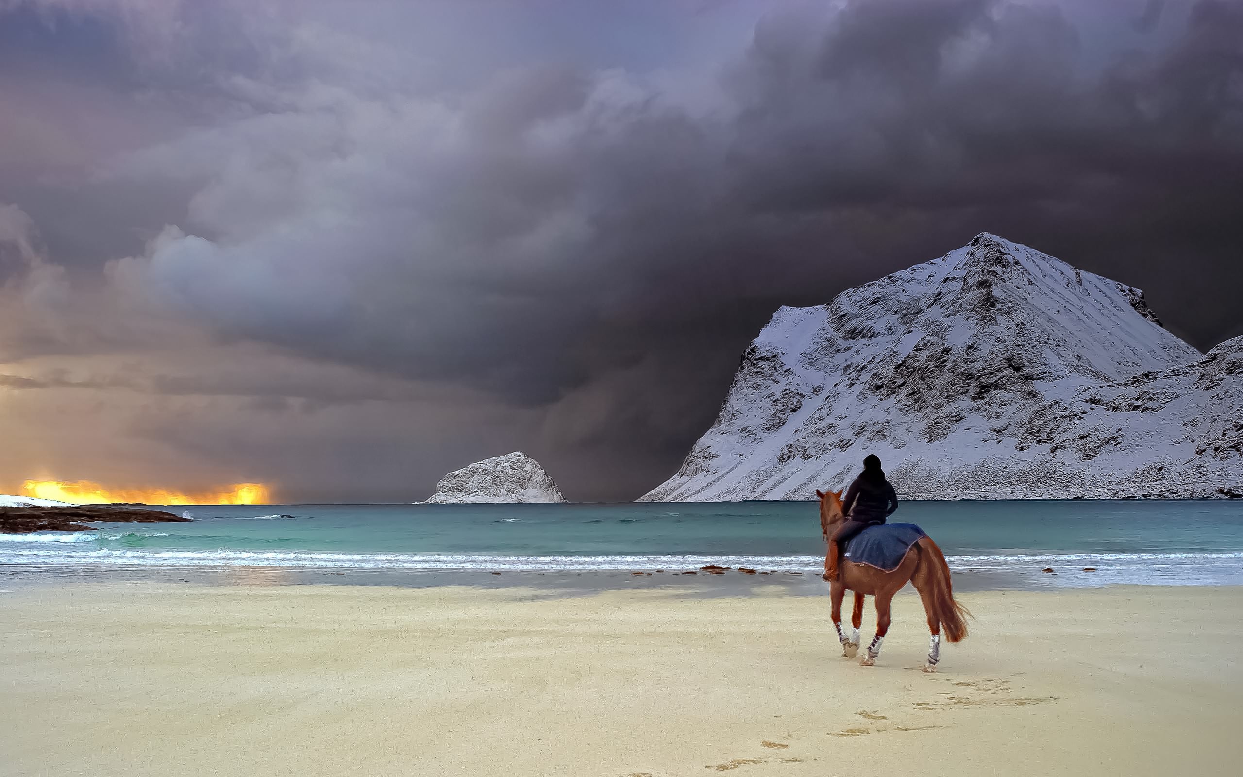 658242 скачать картинку море, верховая езда, закат, фотографии, пляж, облака, лошадь, гора, океан - обои и заставки бесплатно