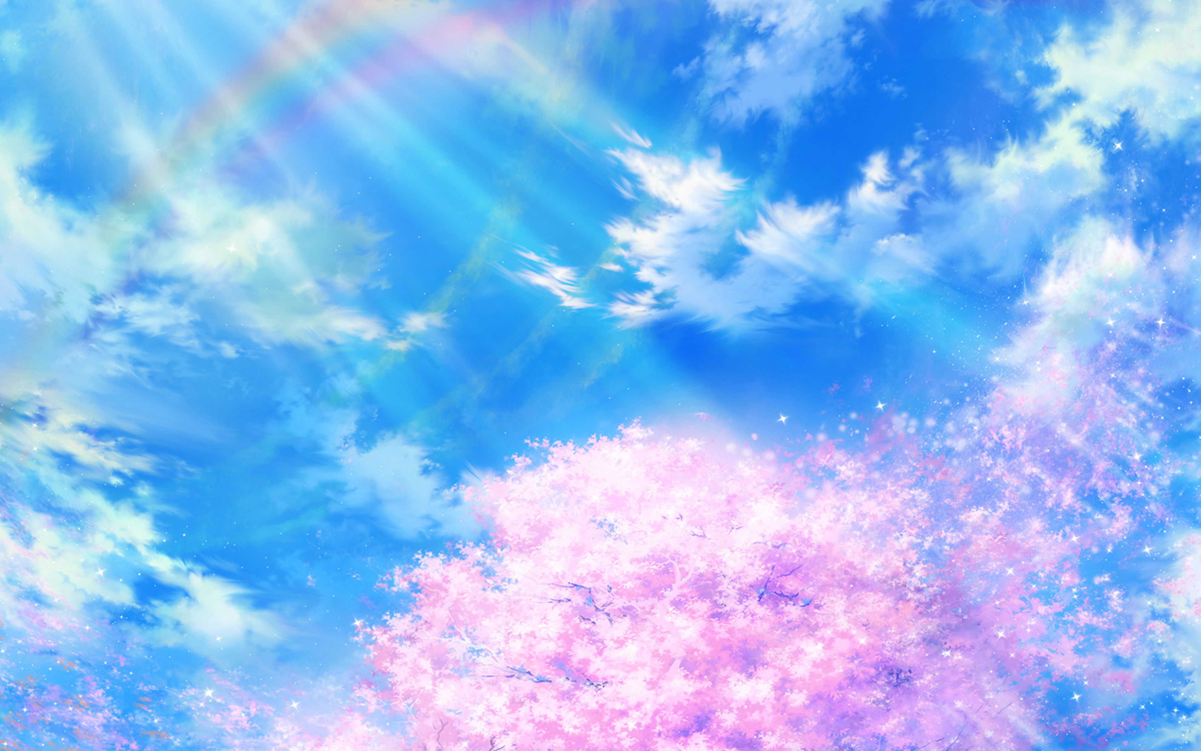 Скачать обои бесплатно Аниме, Небо, Облака, Радуга, Весна, Цветение Сакуры картинка на рабочий стол ПК