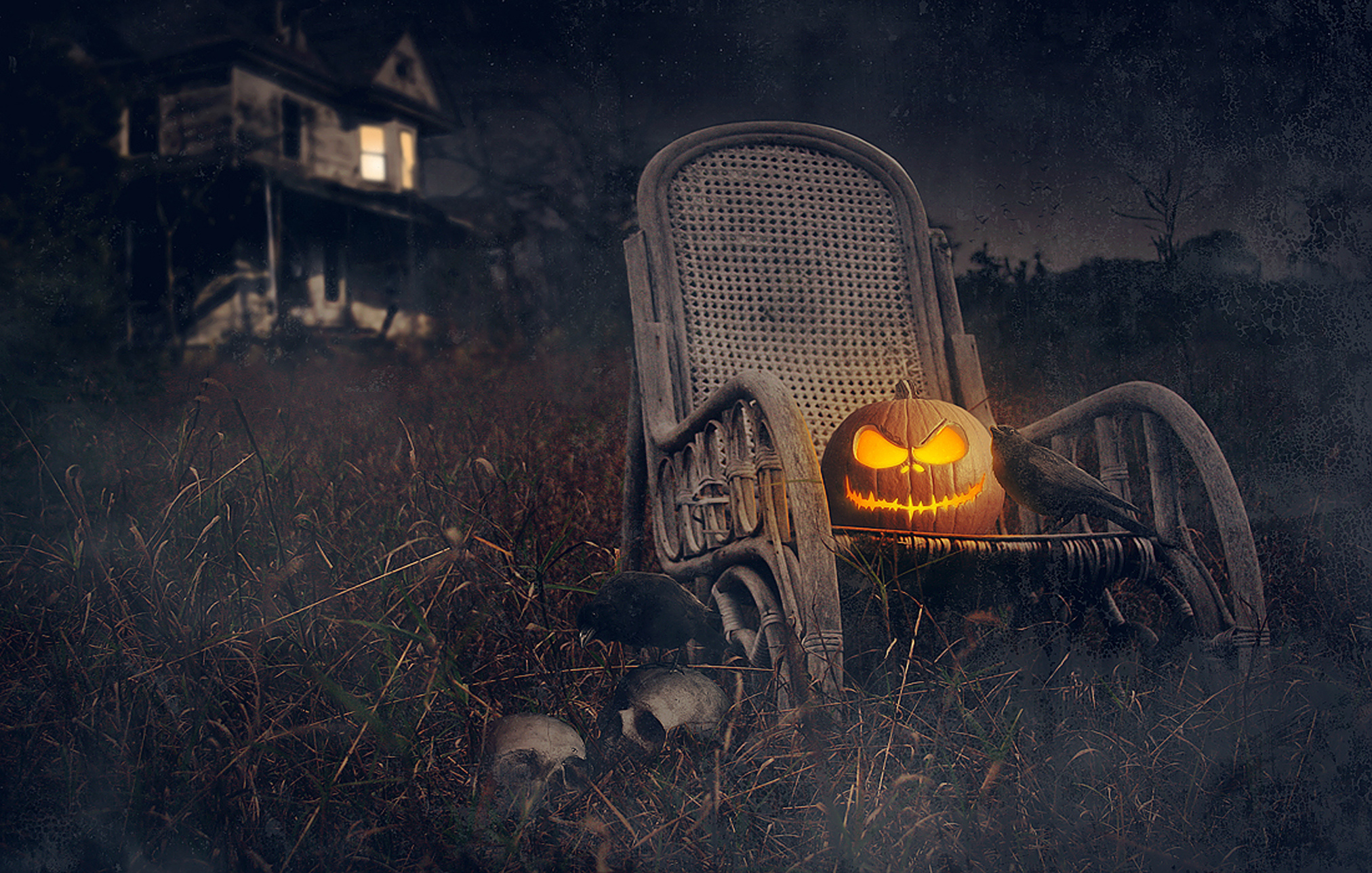 Laden Sie das Feiertage, Halloween, Stuhl, Haus, Nacht, Jack O' Laterne-Bild kostenlos auf Ihren PC-Desktop herunter