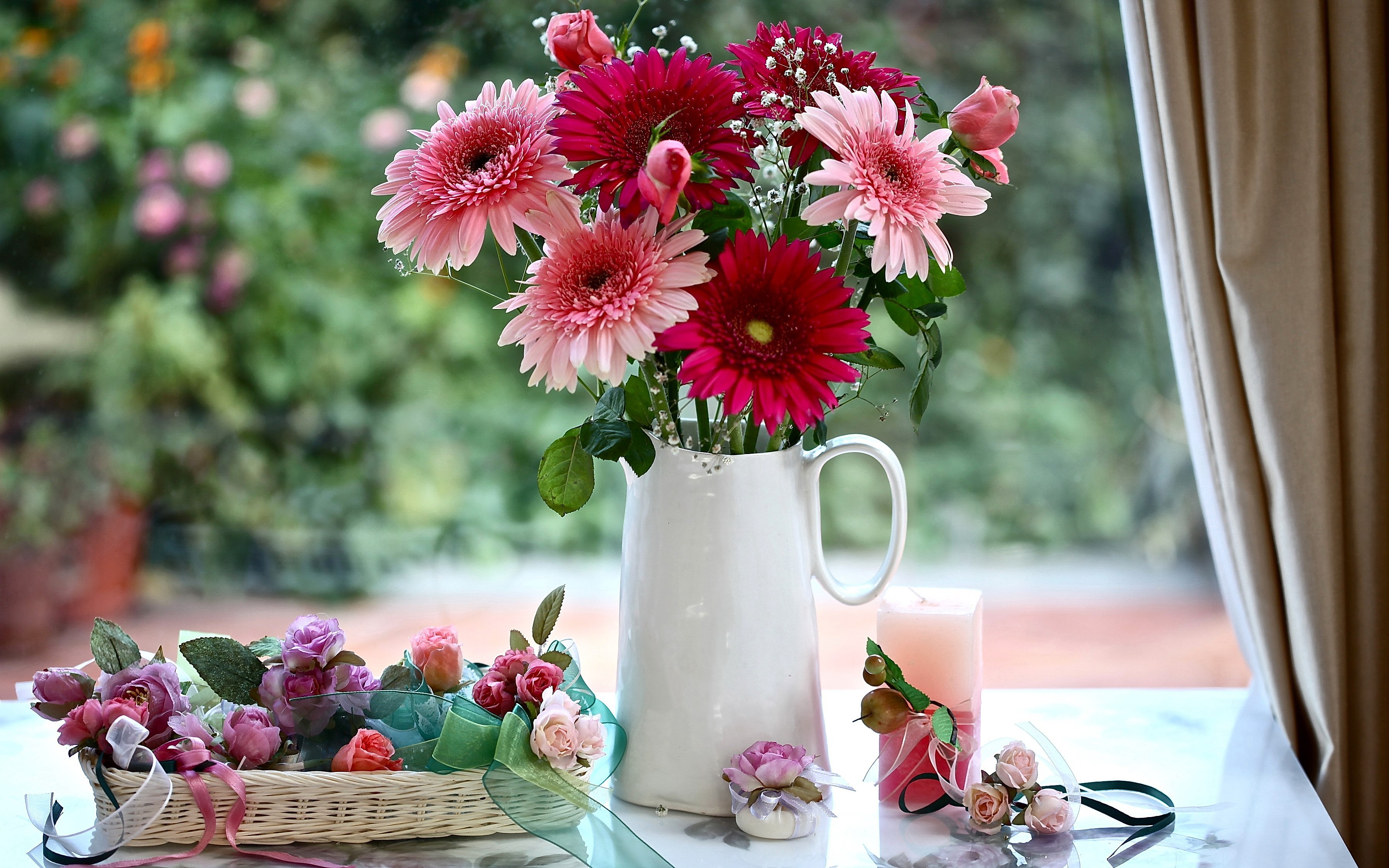 Laden Sie das Blume, Krug, Korb, Kerze, Fotografie, Pinke Blume, Stillleben-Bild kostenlos auf Ihren PC-Desktop herunter