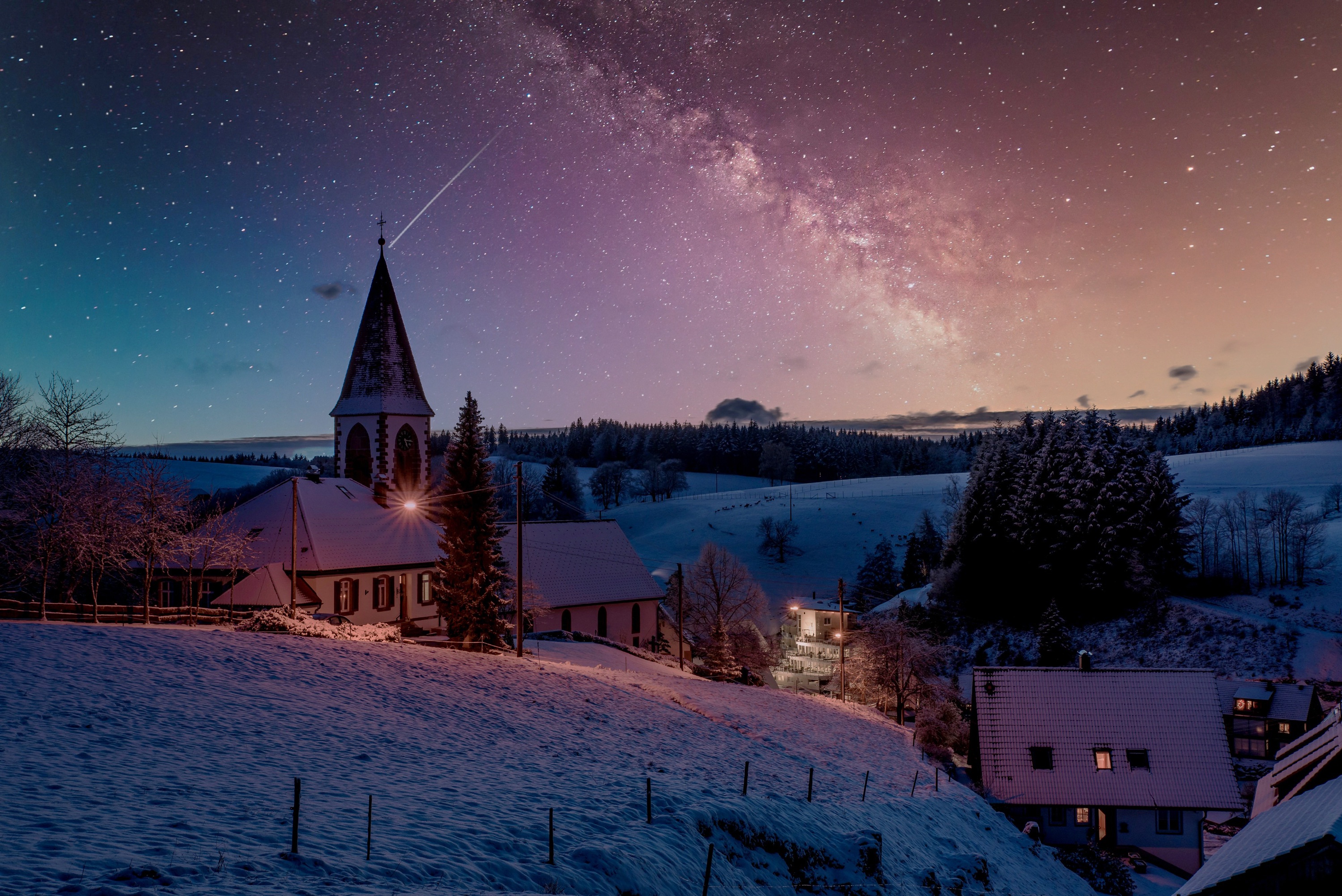 Download mobile wallpaper Winter, Night, Village, Church, Photography for free.