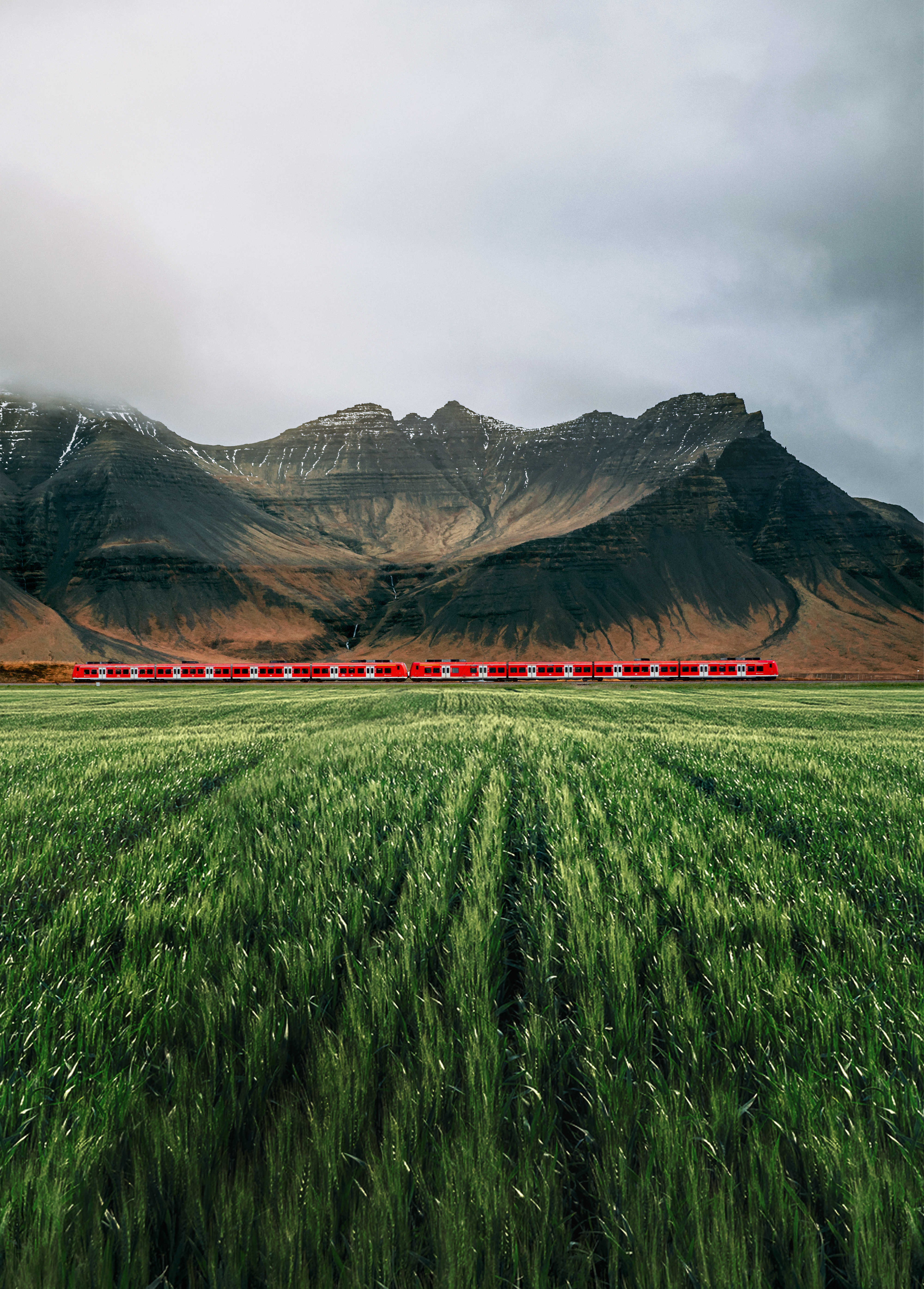 train, nature, grass, mountains, rocks, fog HD wallpaper