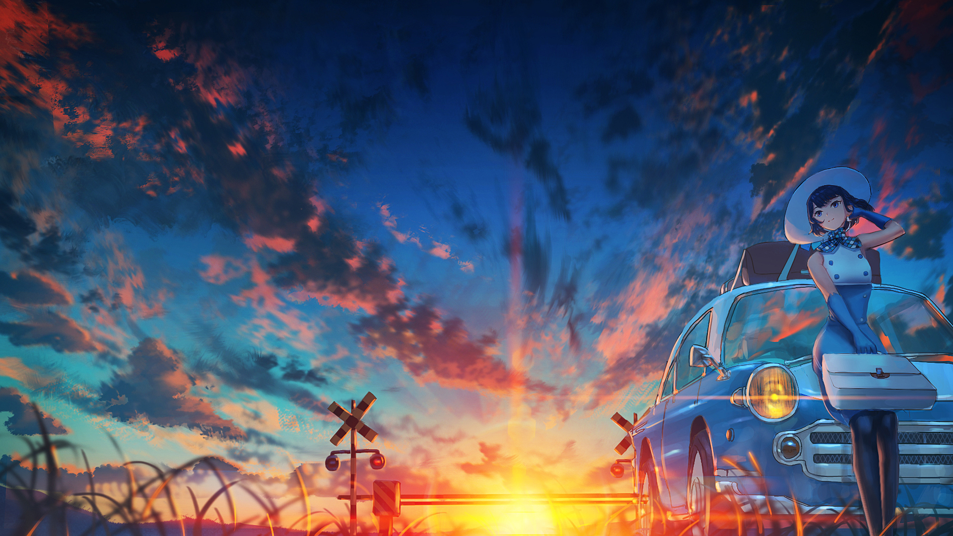Free download wallpaper Anime, Sunset, Sky, Car, Original on your PC desktop