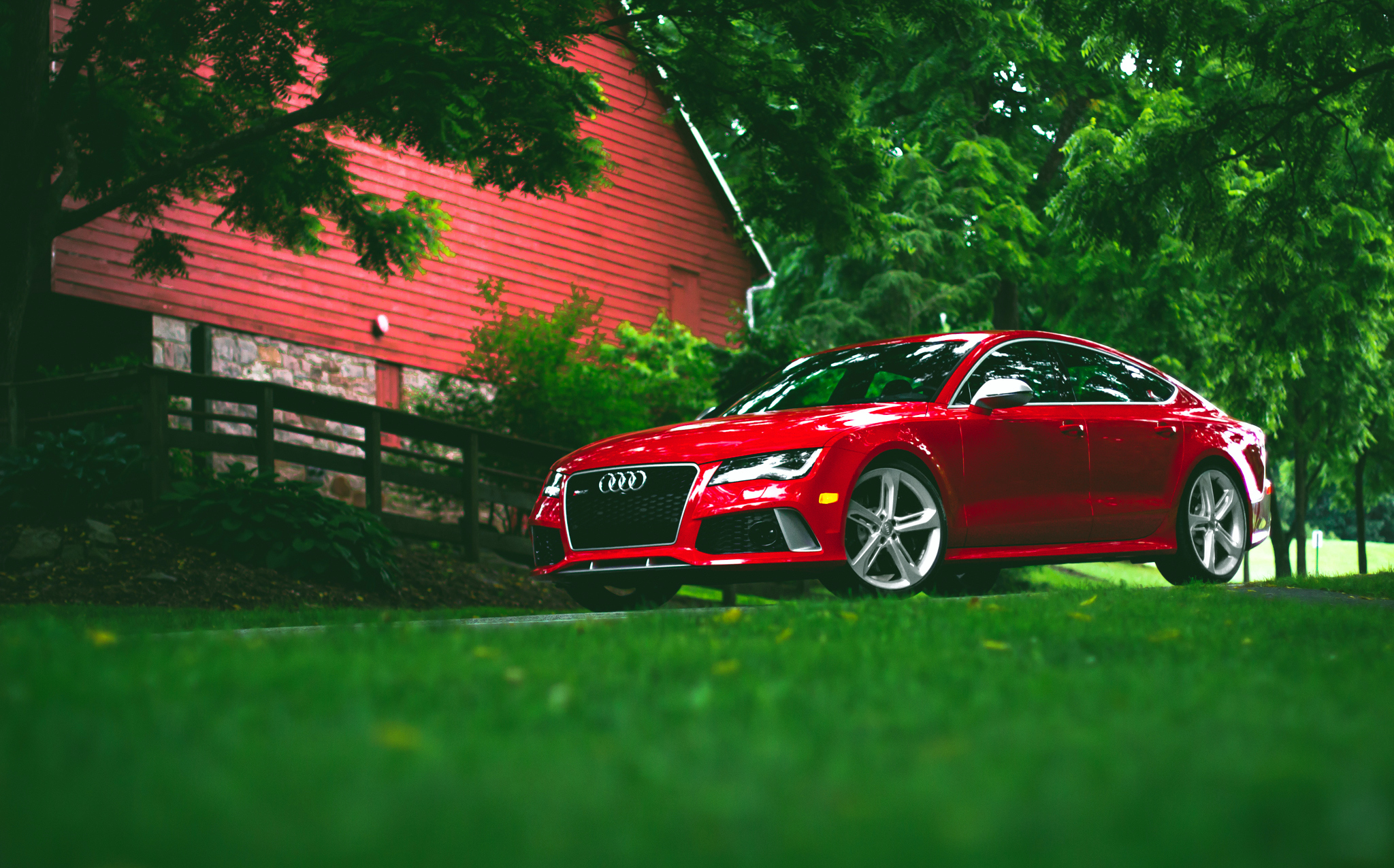 side view, audi, red, grass, cars, rs7 Full HD
