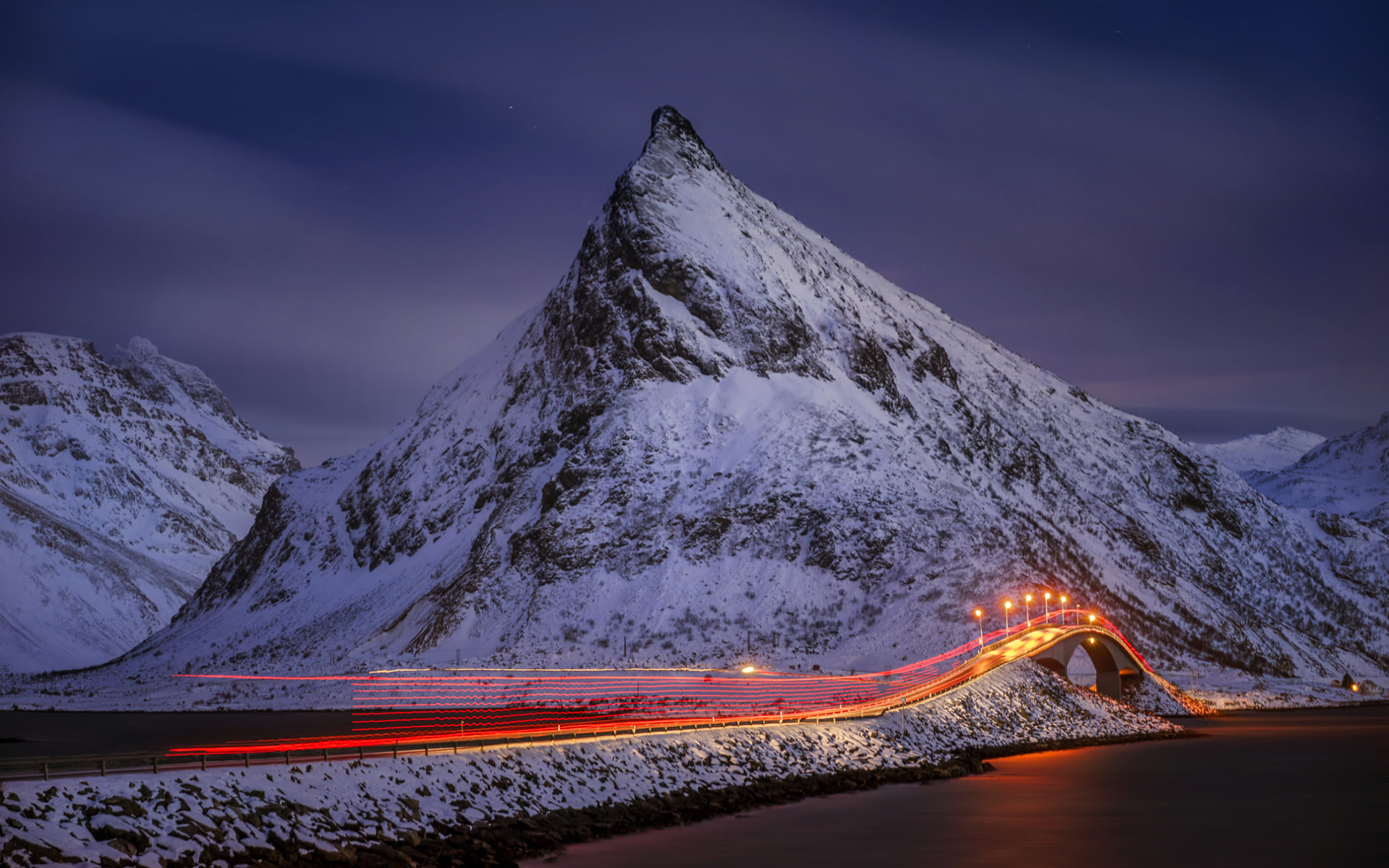 Free download wallpaper Landscape, Night, Mountain, Light, Road, Norway, Photography, Lofoten, Time Lapse on your PC desktop