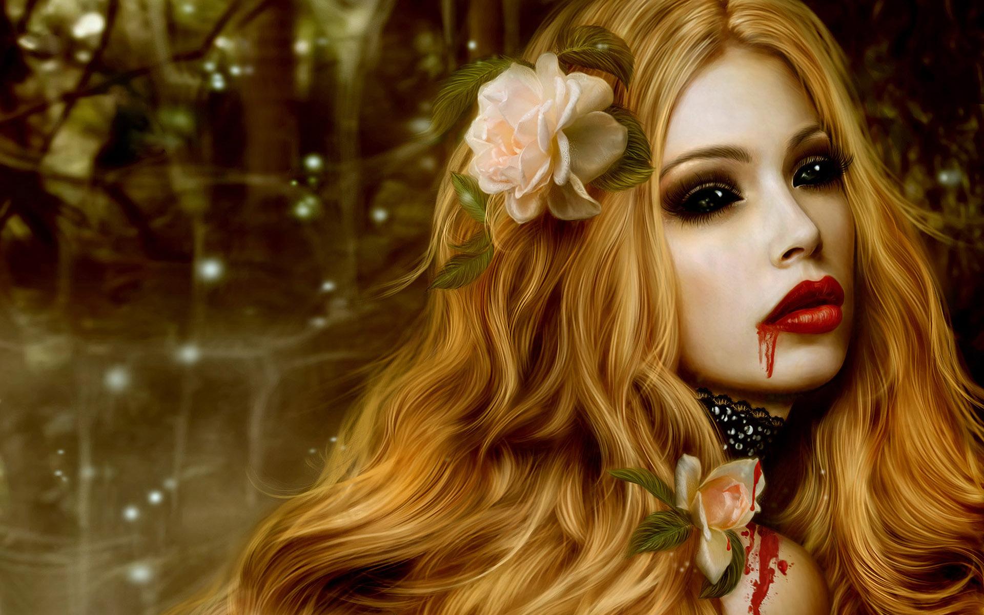 rose, vampire, face, fantasy, black eyes, blonde, flower