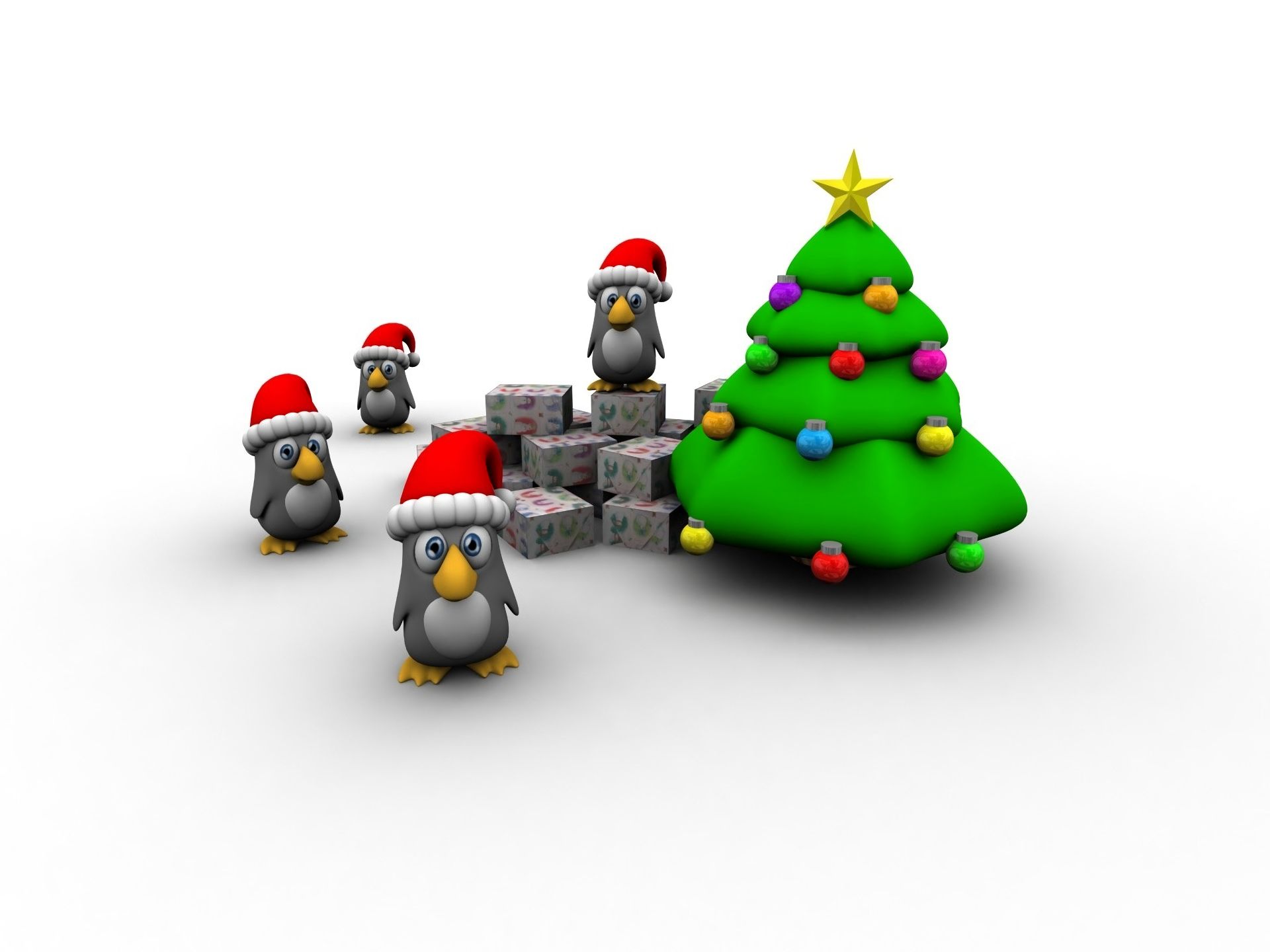Laden Sie das Feiertage, Weihnachten, 3D, Geschenk, Weihnachtsbaum, Pinguin, Weihnachtsmütze-Bild kostenlos auf Ihren PC-Desktop herunter