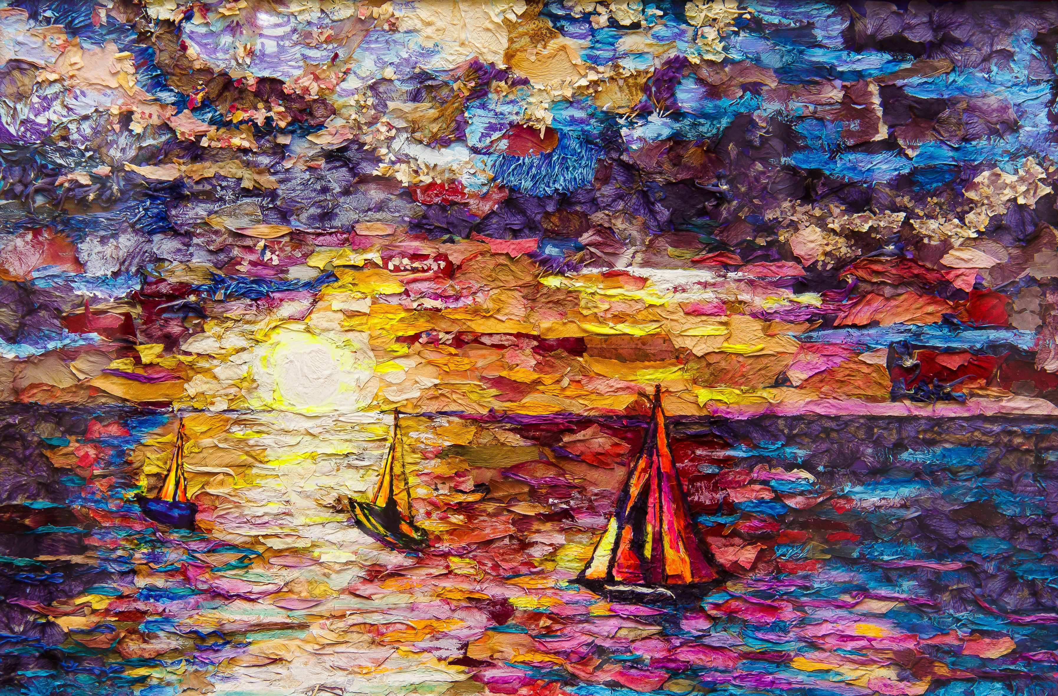 Download mobile wallpaper Sky, Ocean, Colors, Boat, Colorful, Painting, Artistic for free.