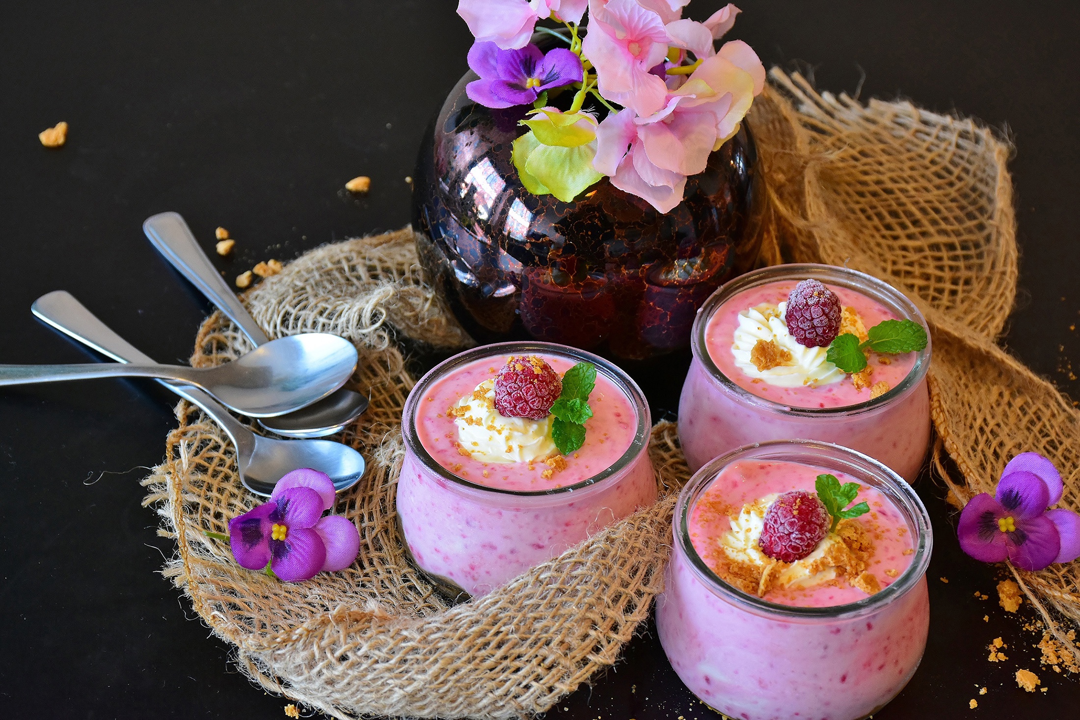 Download mobile wallpaper Food, Dessert, Raspberry, Still Life, Flower, Spoon, Yogurt for free.