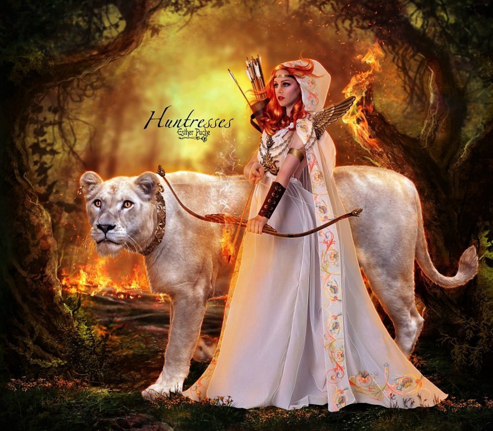 Download mobile wallpaper Fantasy, Forest, Lion, Artistic, White Lion for free.