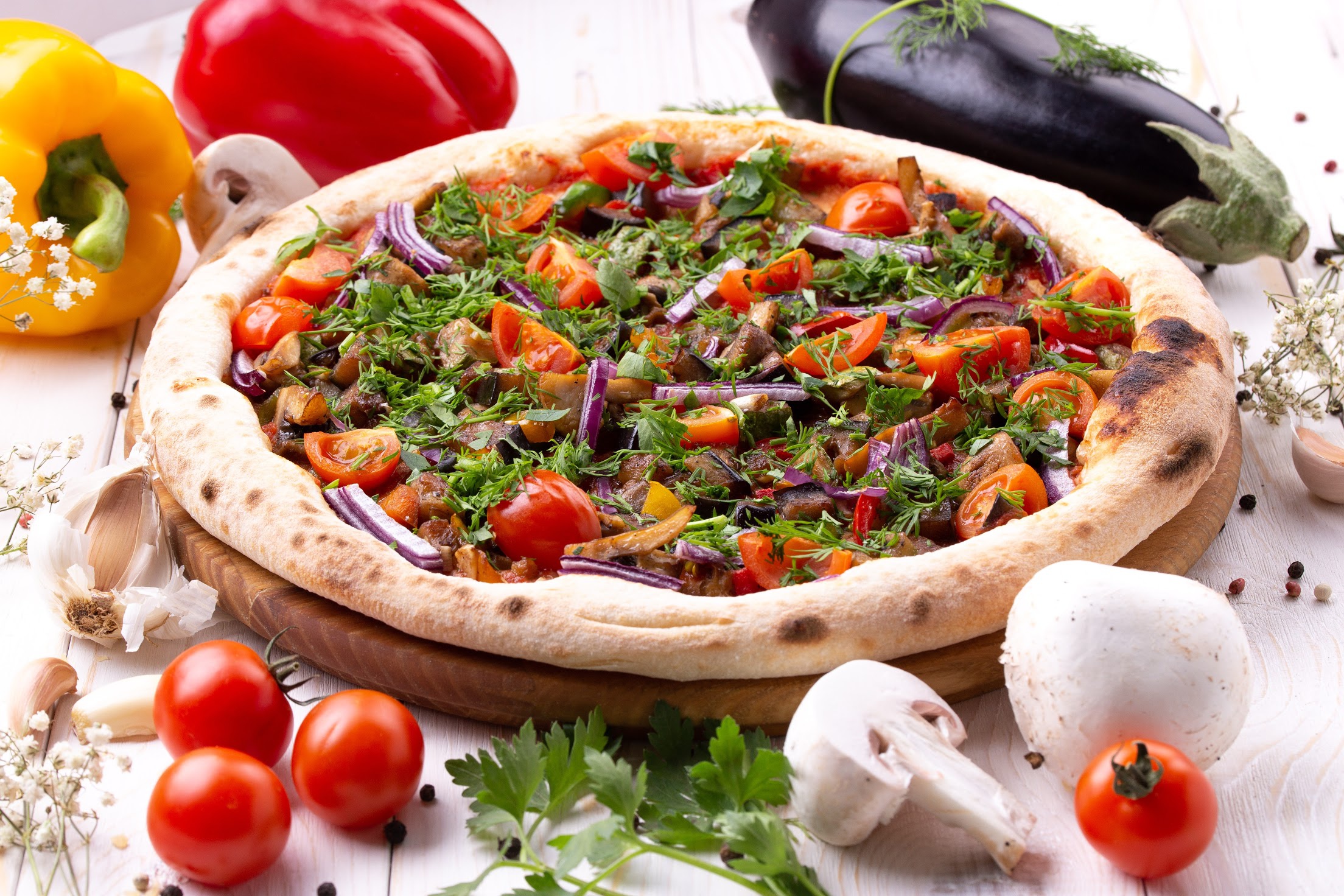 Download mobile wallpaper Food, Pizza, Pepper, Still Life, Mushroom, Tomato for free.