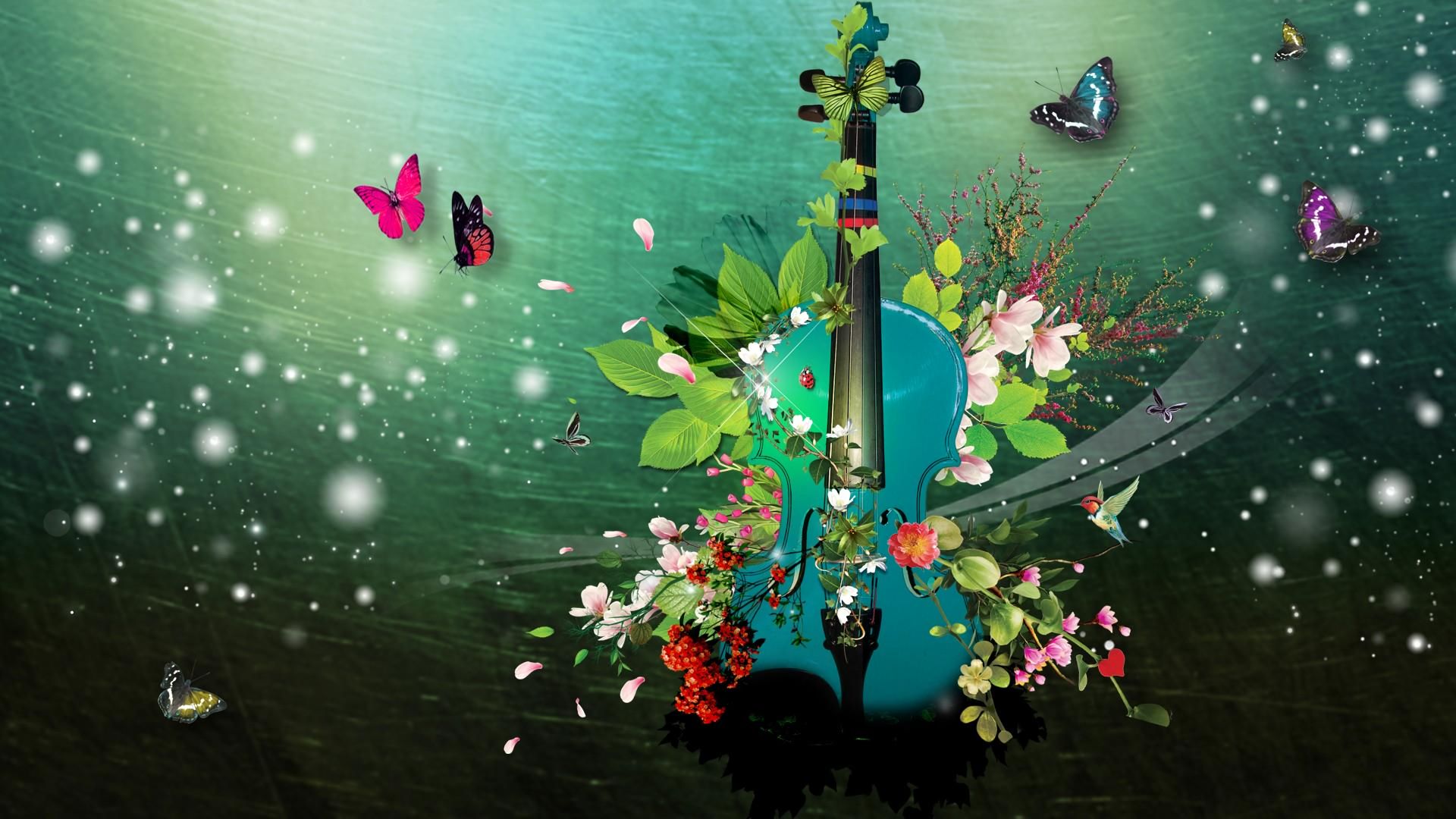 Download mobile wallpaper Music, Flower, Leaf, Butterfly, Violin for free.