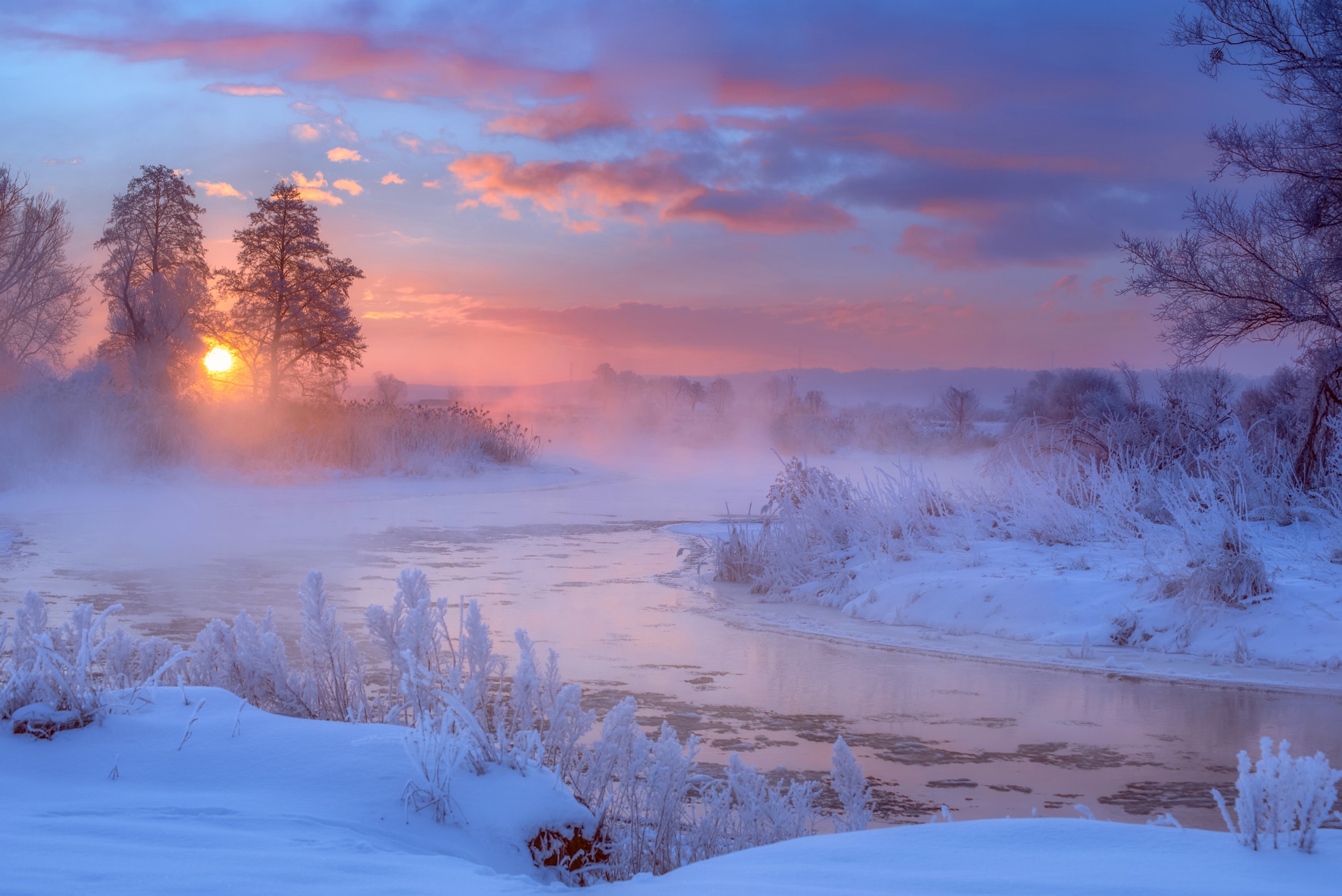 Laden Sie das Winter, Natur, Schnee, Fluss, Sonnenaufgang, Dämmerung, Erde/natur-Bild kostenlos auf Ihren PC-Desktop herunter