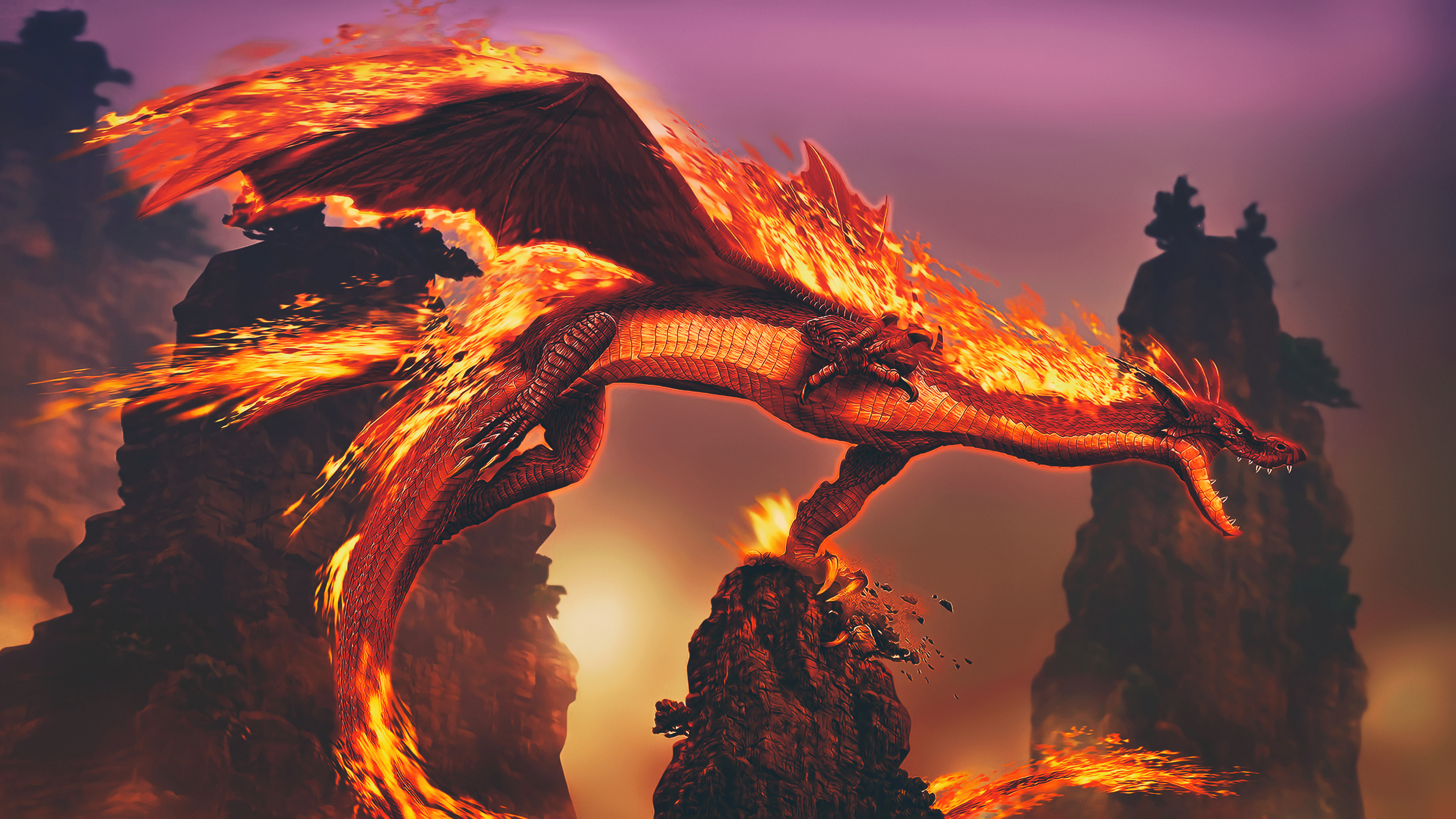 Laden Sie das Fantasie, Feuer, Drachen, Nacht-Bild kostenlos auf Ihren PC-Desktop herunter