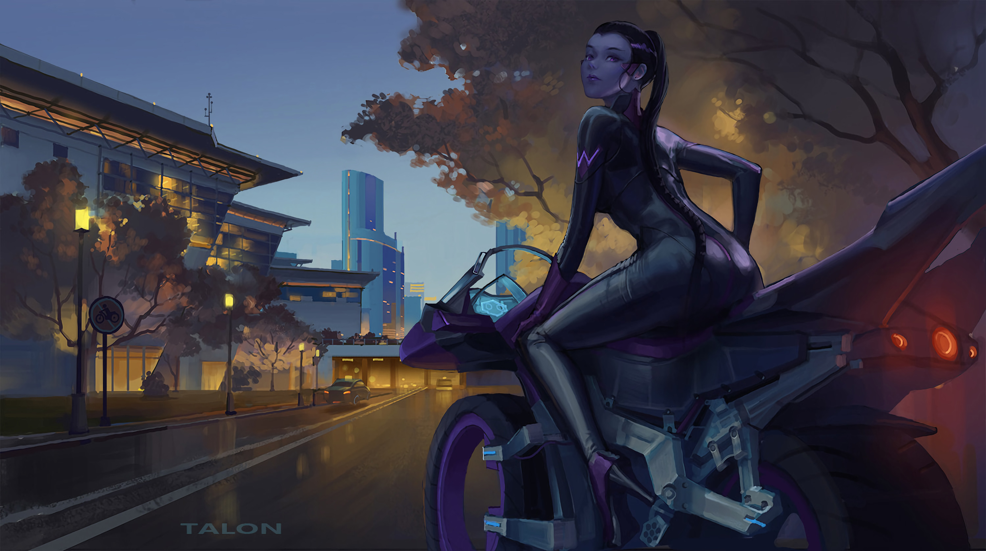 Download mobile wallpaper City, Motorcycle, Overwatch, Video Game, Purple Eyes, High Heels, Purple Hair, Ponytail, Widowmaker (Overwatch), Amélie Lacroix for free.