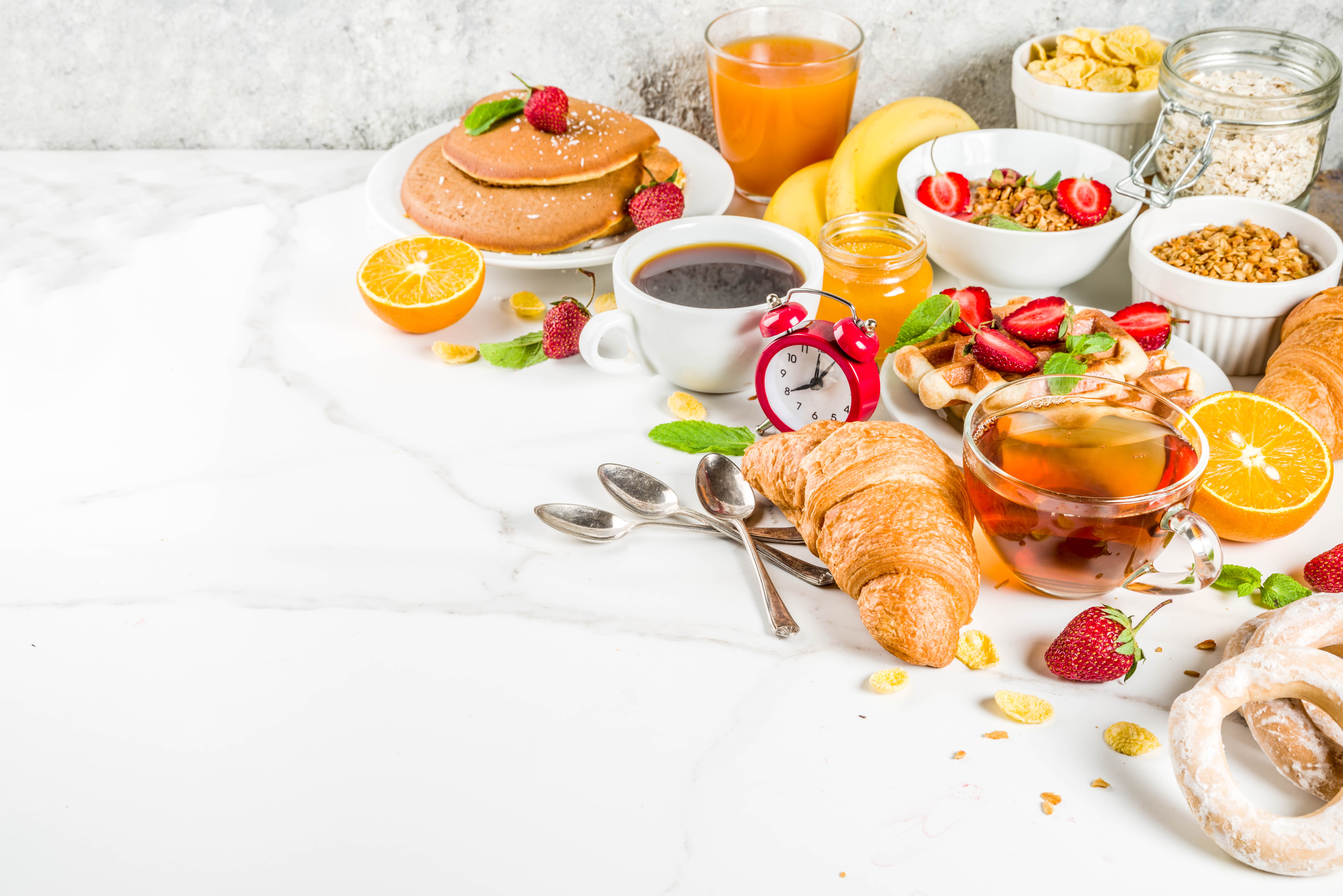 Free download wallpaper Food, Still Life, Berry, Tea, Breakfast, Croissant, Juice, Pancake on your PC desktop