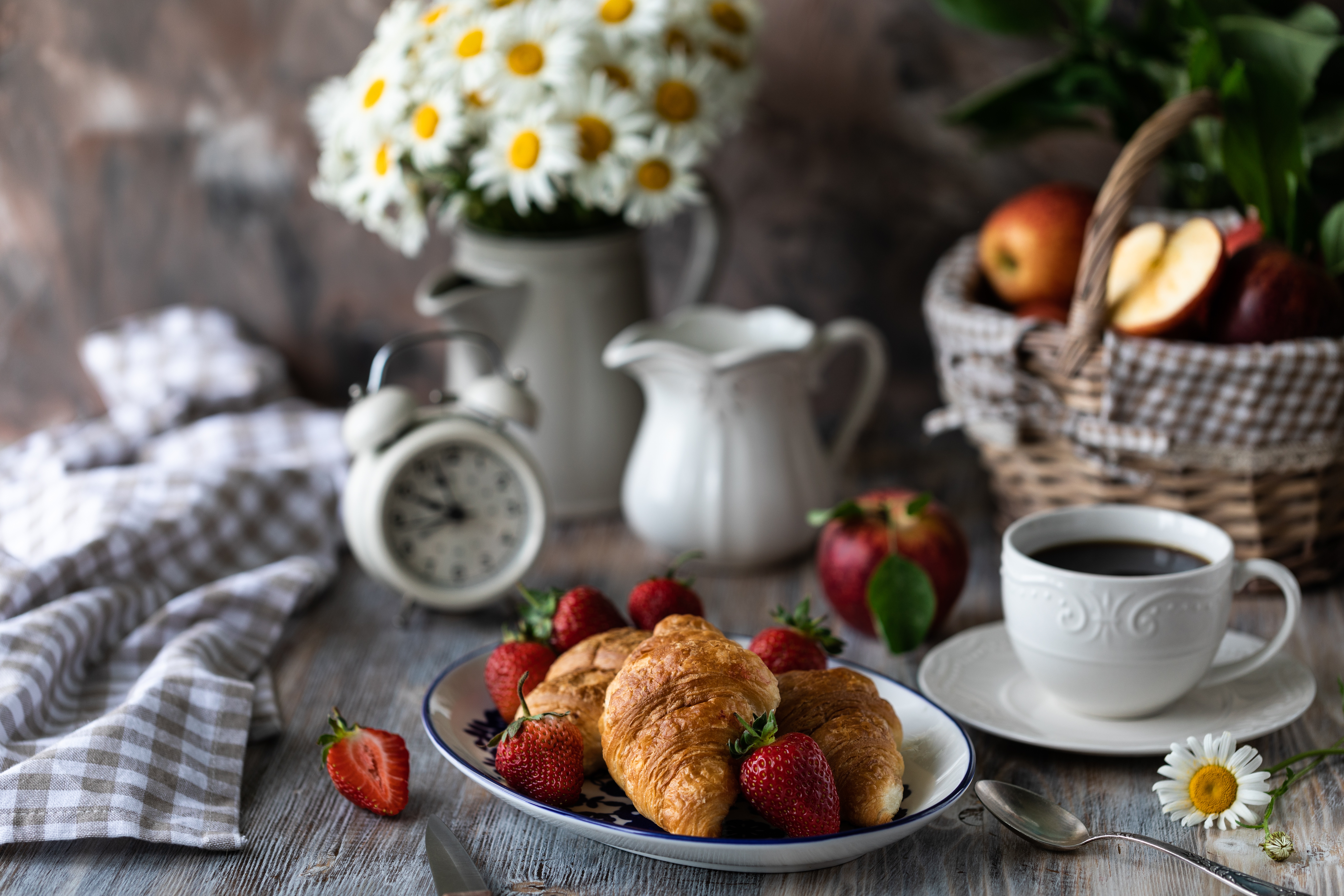 Download mobile wallpaper Food, Strawberry, Coffee, Berry, Fruit, Breakfast, Croissant, Viennoiserie for free.