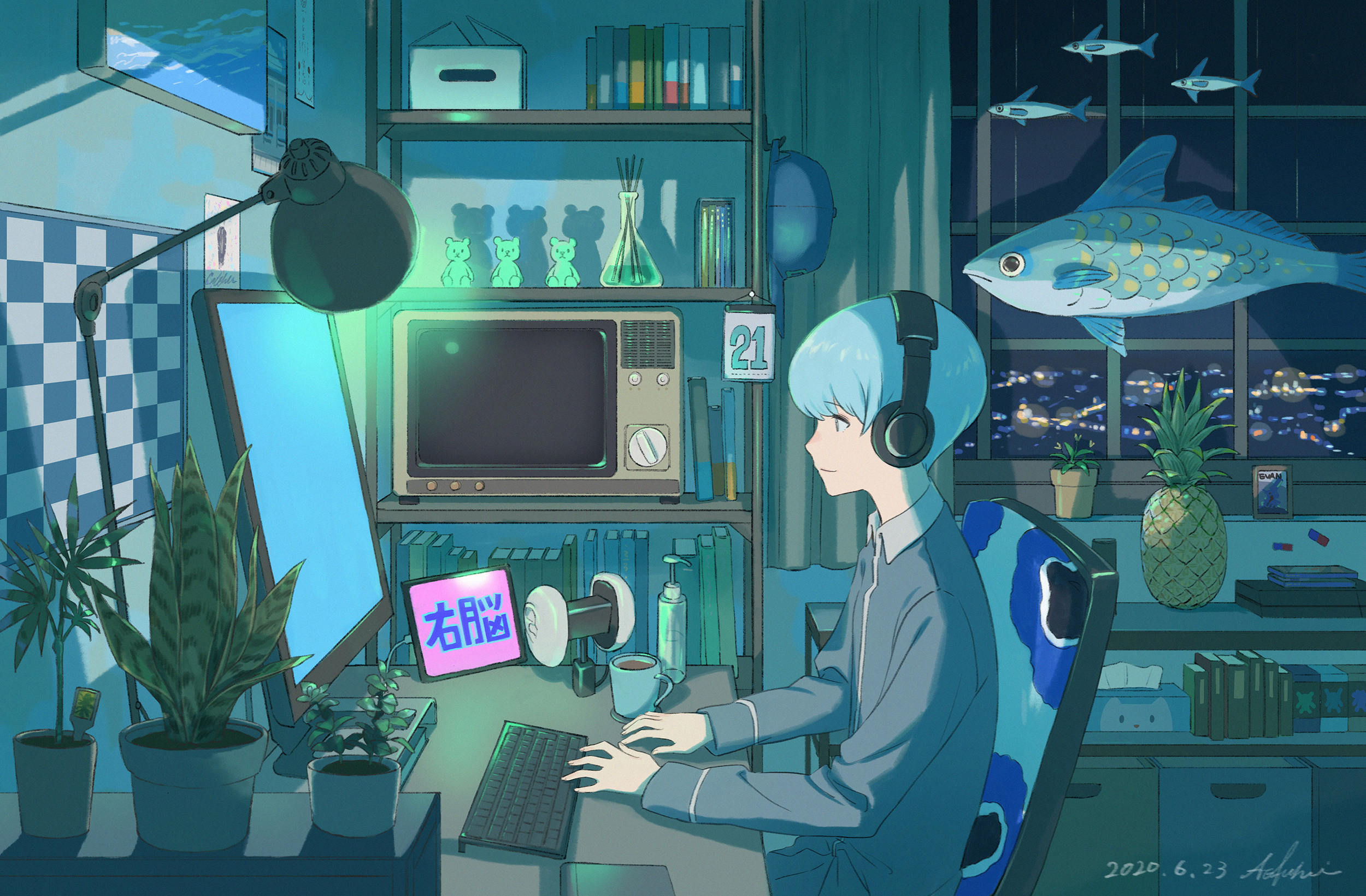 Download mobile wallpaper Anime, Headphones, Fish, Original, Blue Hair for free.