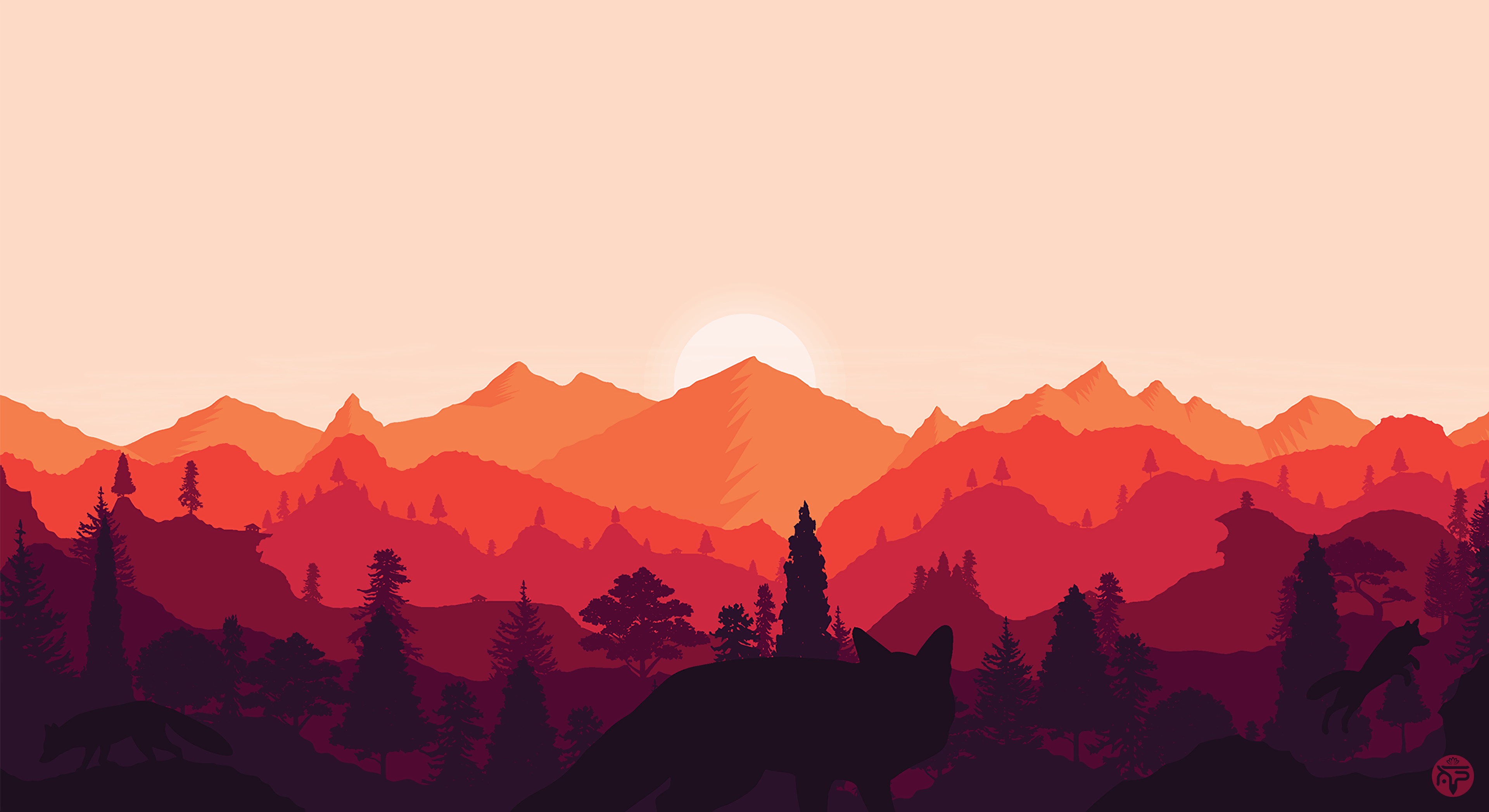 art, vector, landscape, fox, sunset, mountains