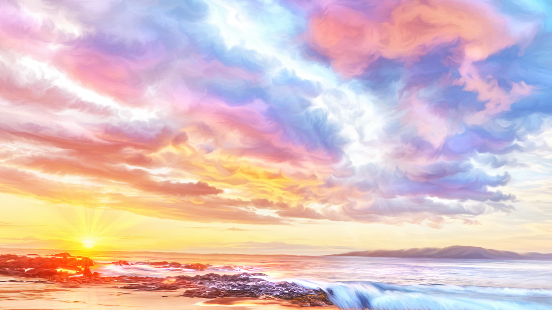 Download mobile wallpaper Landscape, Nature, Sun, Sunrise, Artistic, Cloud for free.