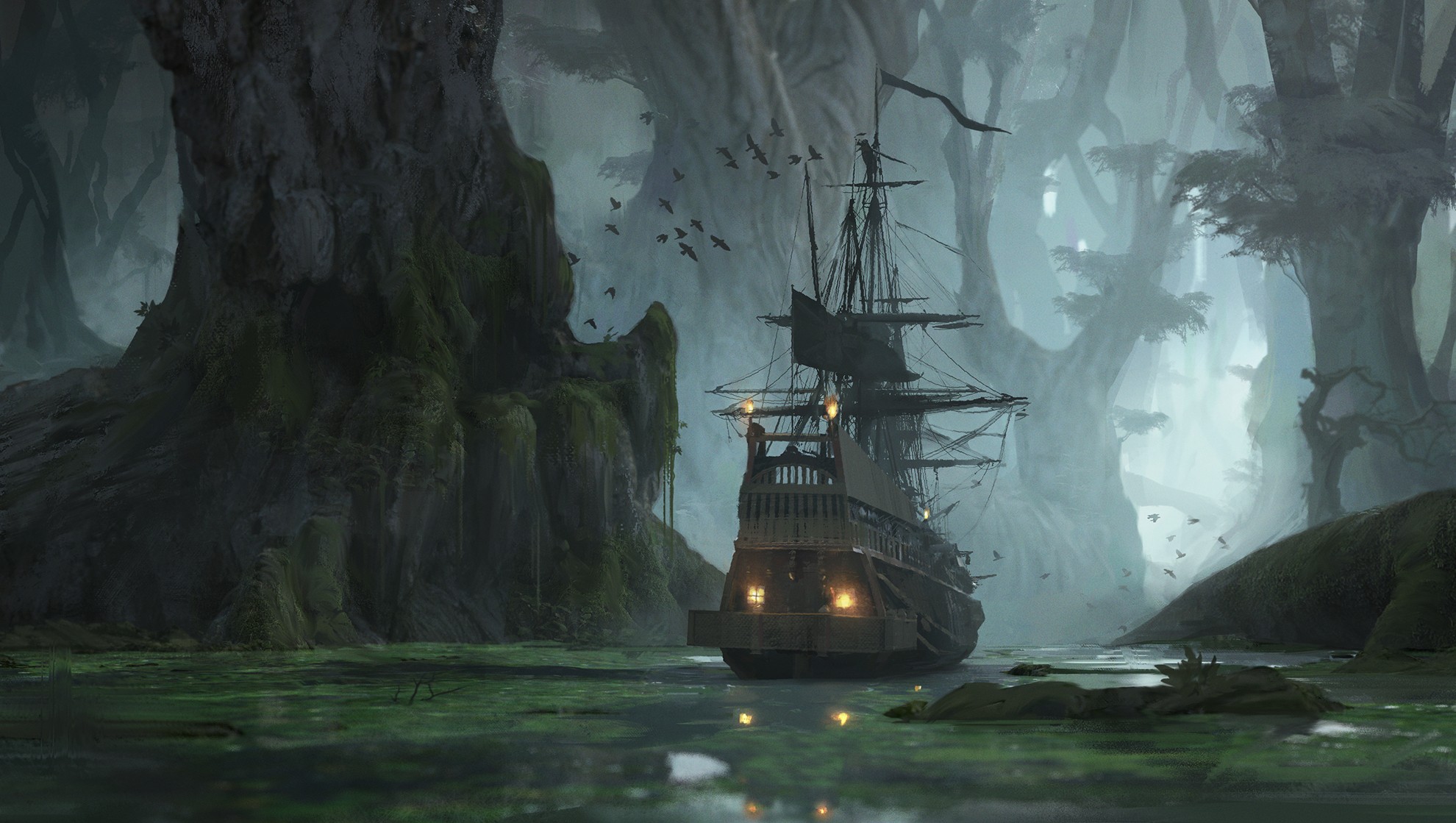 Download mobile wallpaper Fantasy, Swamp, Ship for free.
