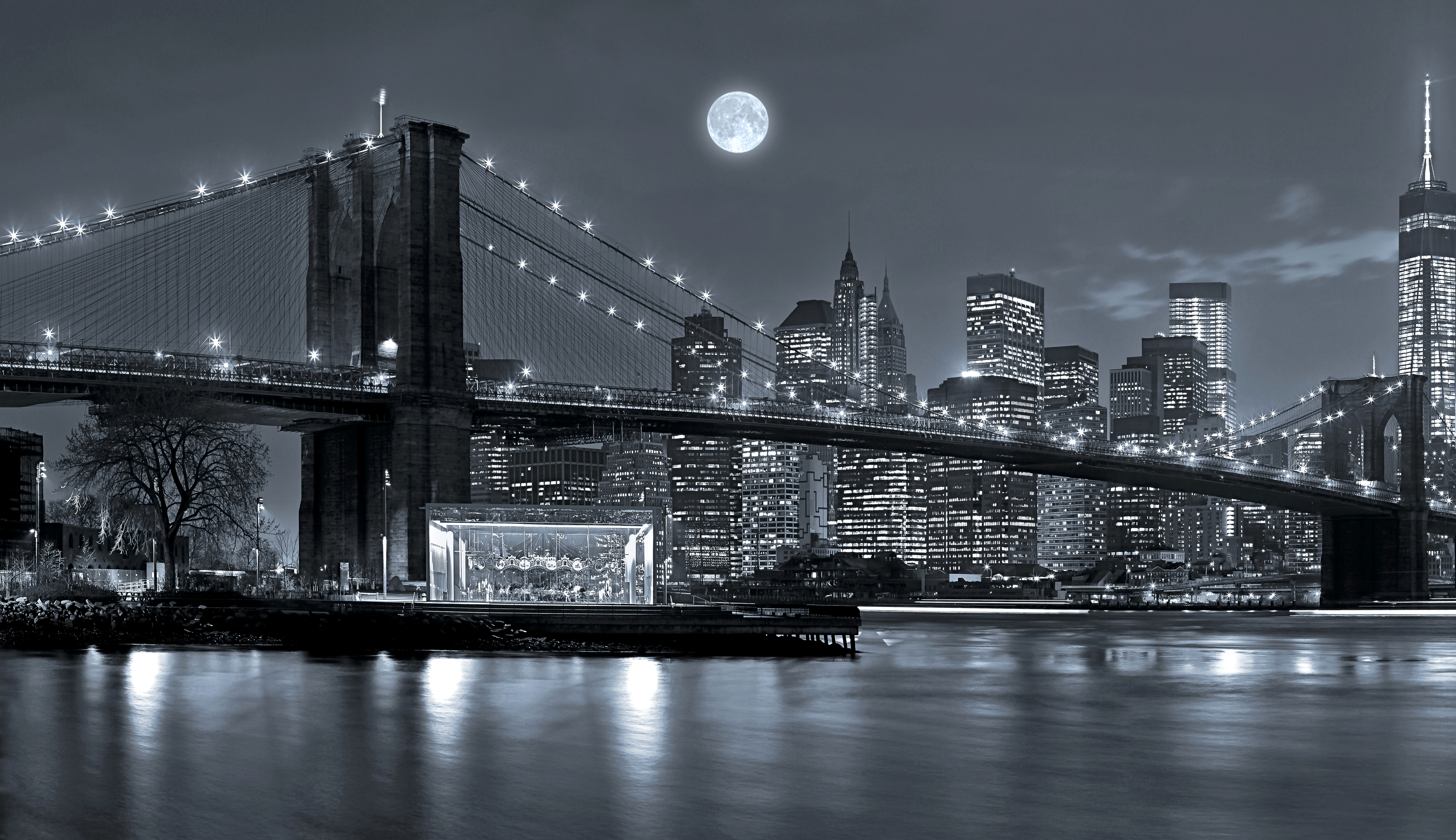 392942 завантажити шпалери створено людиною, бруклінський міст, чорний білий, міст, будівля, місяць, нью йорк, ніч, хмарочос, мости - заставки і картинки безкоштовно