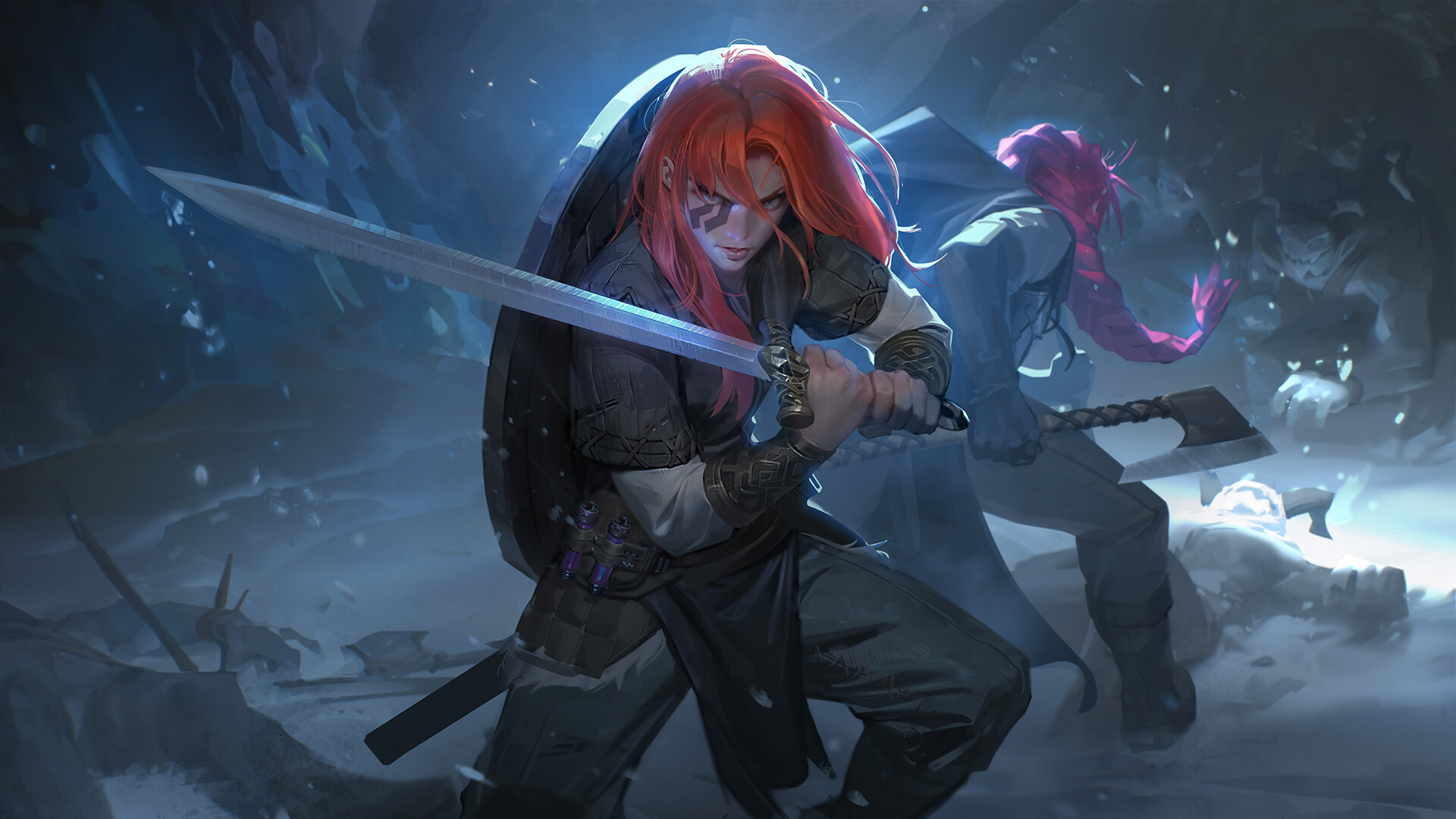 Download mobile wallpaper Fantasy, Snow, Weapon, Tattoo, Axe, Sword, Red Hair, Women Warrior, Woman Warrior for free.