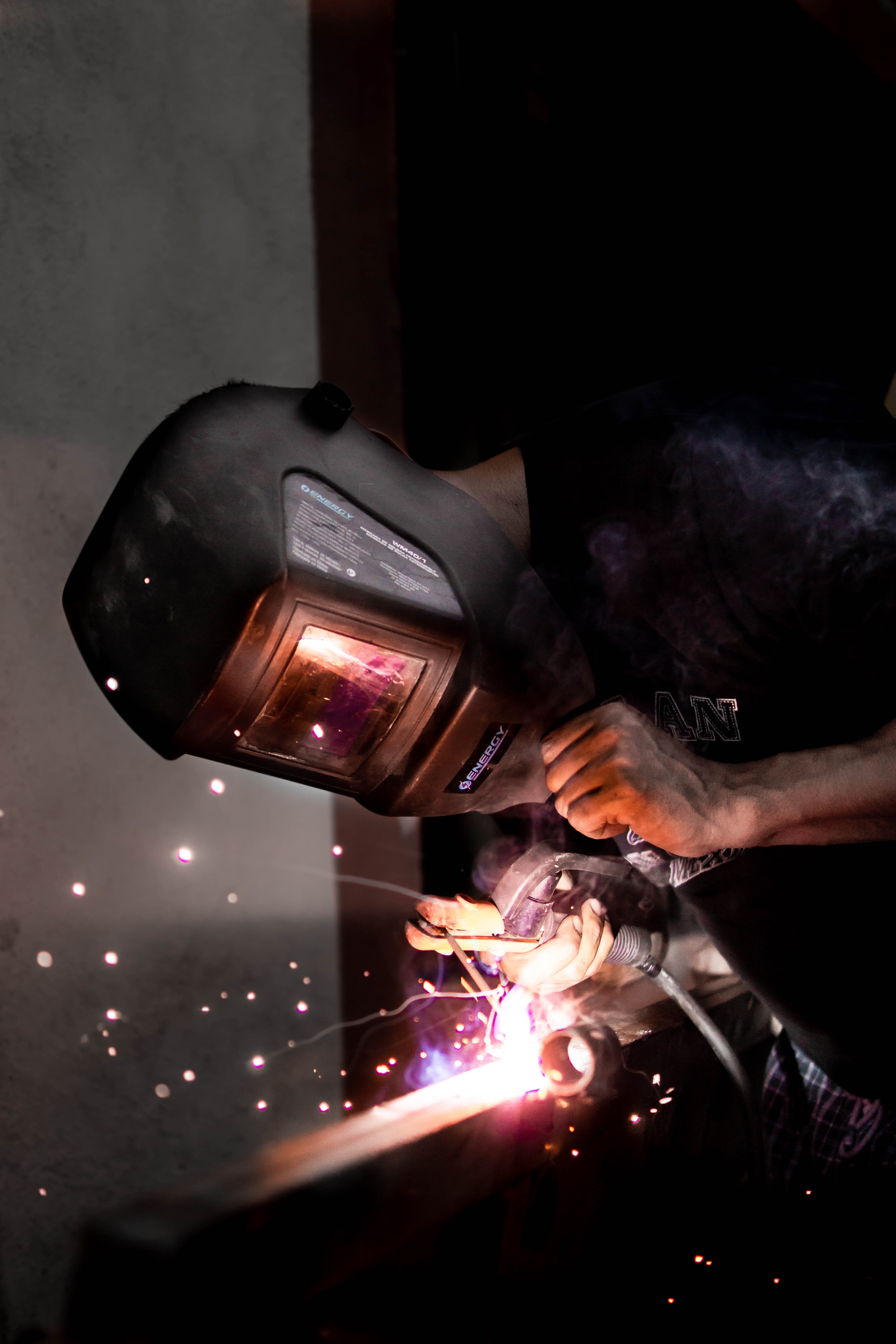 welding, sparks, miscellanea, miscellaneous, helmet, human, person