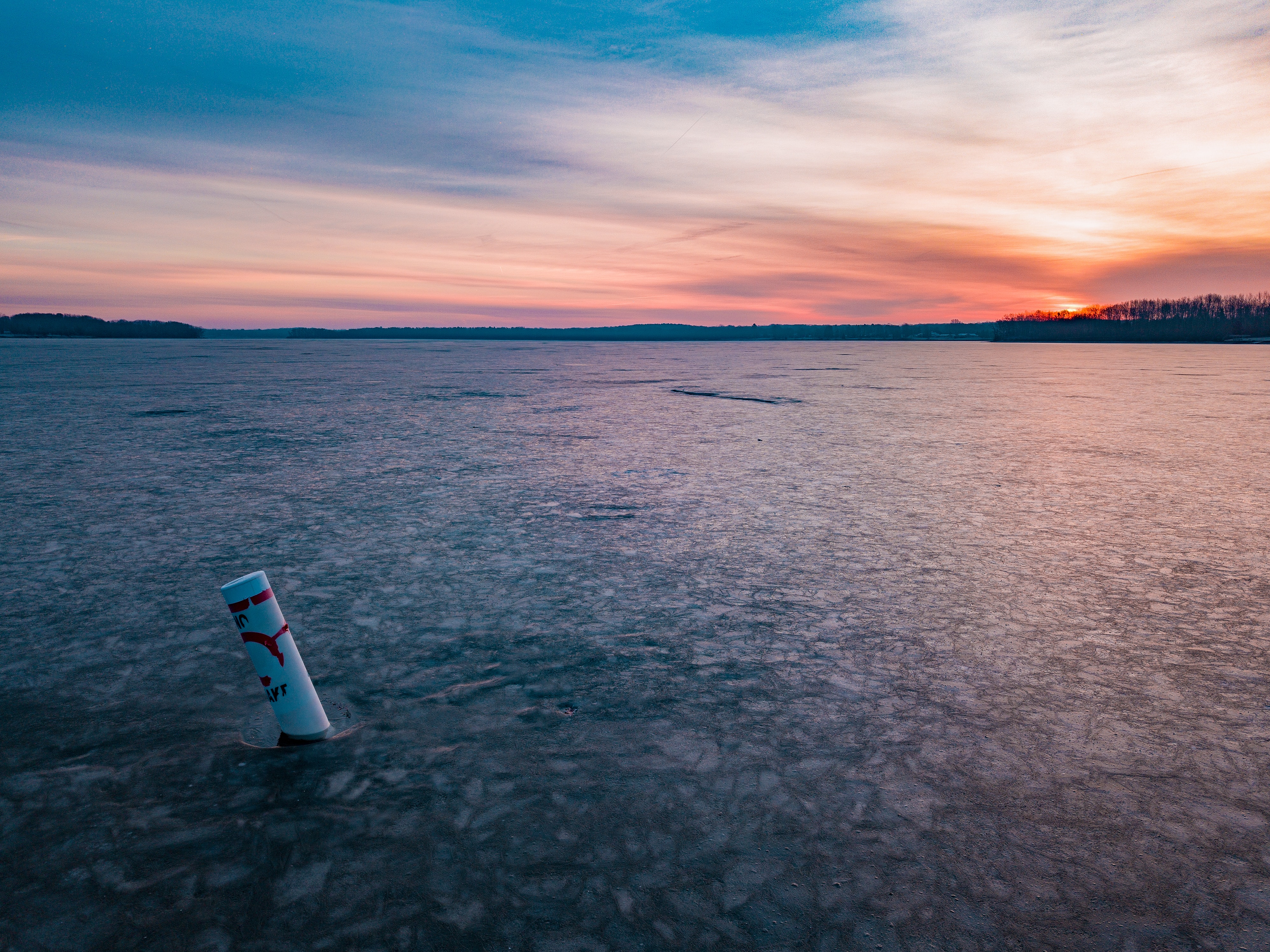 Download mobile wallpaper Lake, Sunset, Ice, Frozen, Landscape, Nature for free.