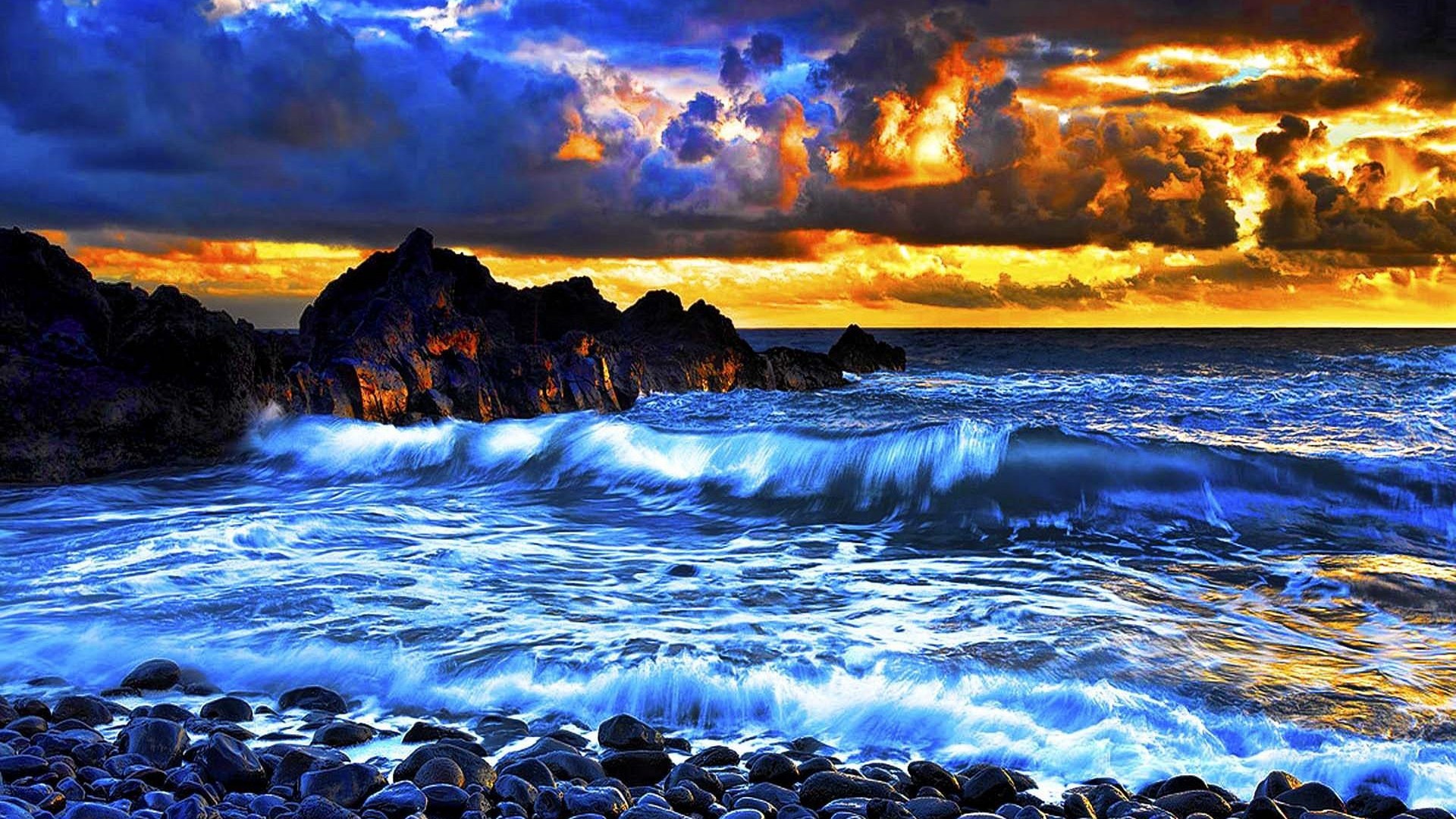Download mobile wallpaper Sunset, Sky, Ocean, Earth, Cloud, Wave, Orange (Color) for free.