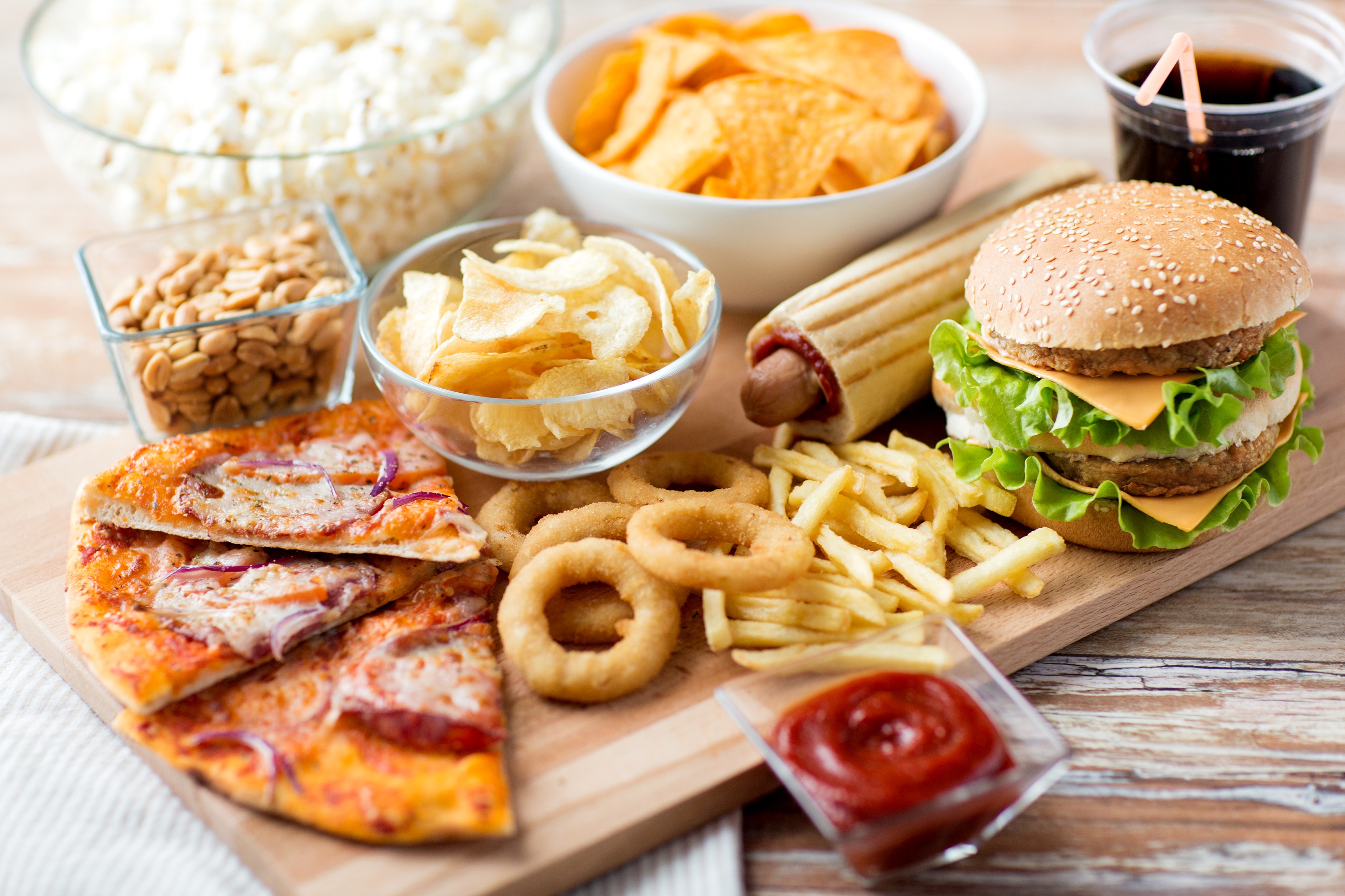 pizza, food, still life, burger, chips, french fries