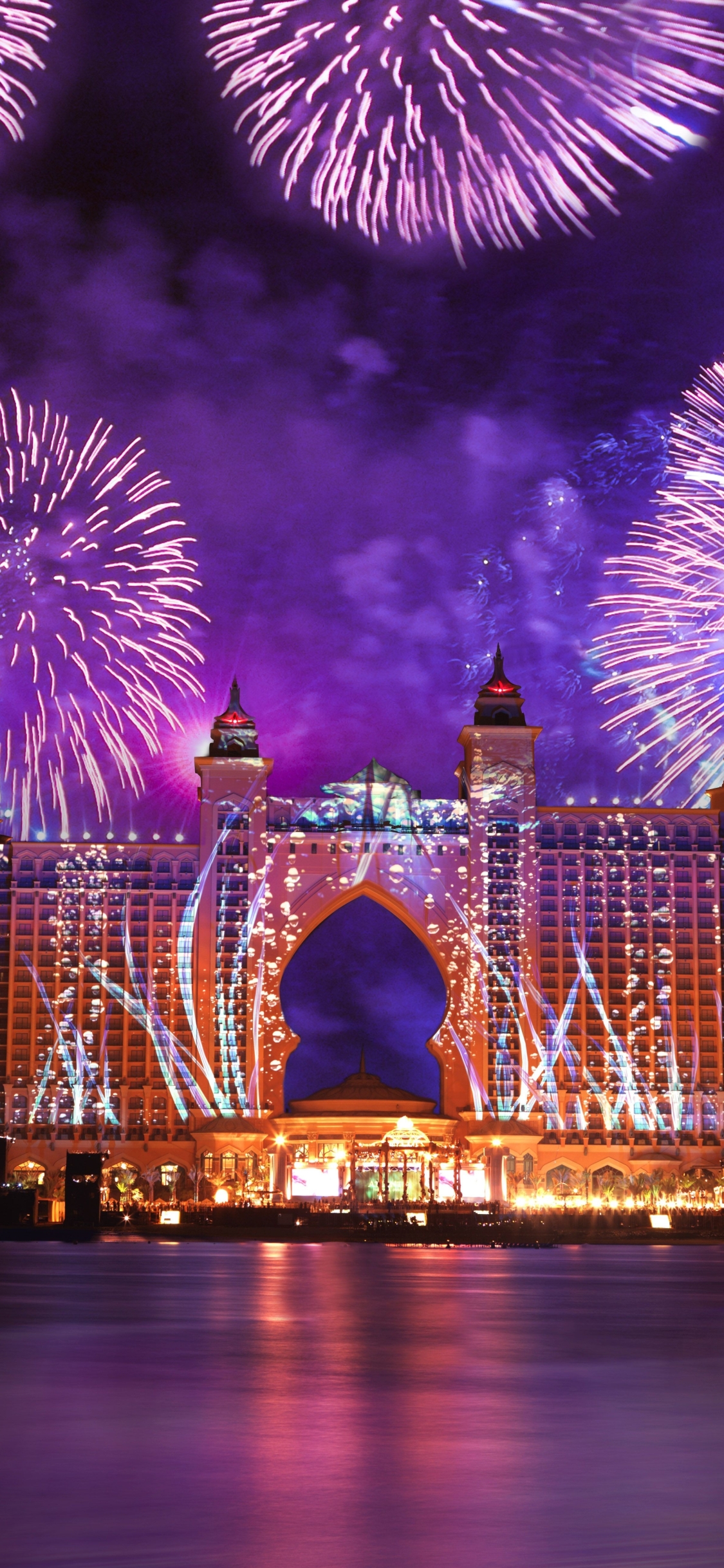 Download mobile wallpaper Night, Light, Dubai, Fireworks, Celebration, Hotel, Atlantis Hotel, Man Made, Atlantis The Palm for free.