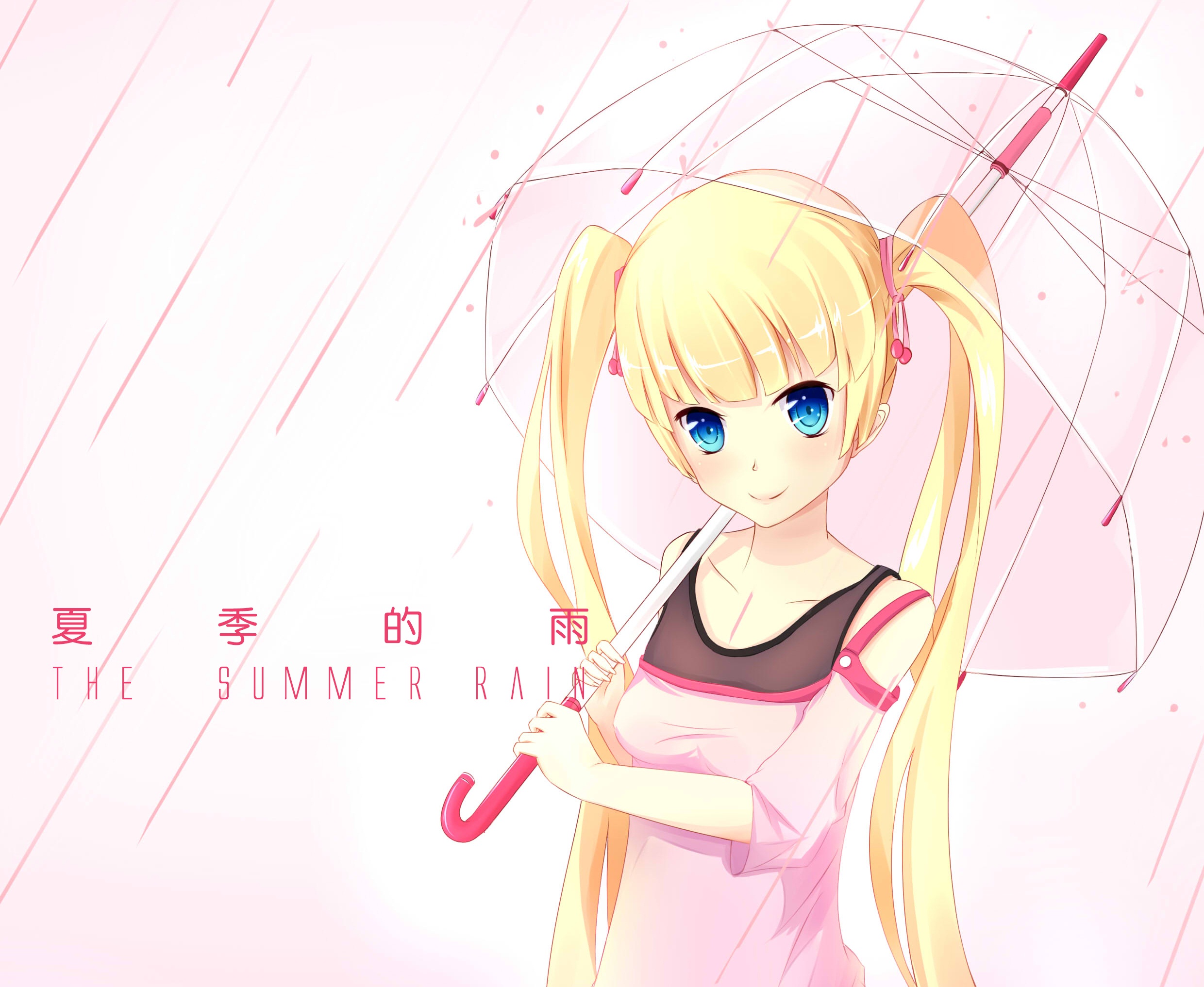 Laden Sie das Regen, Regenschirm, Blaue Augen, Original, Blondinen, Animes, Twintails-Bild kostenlos auf Ihren PC-Desktop herunter