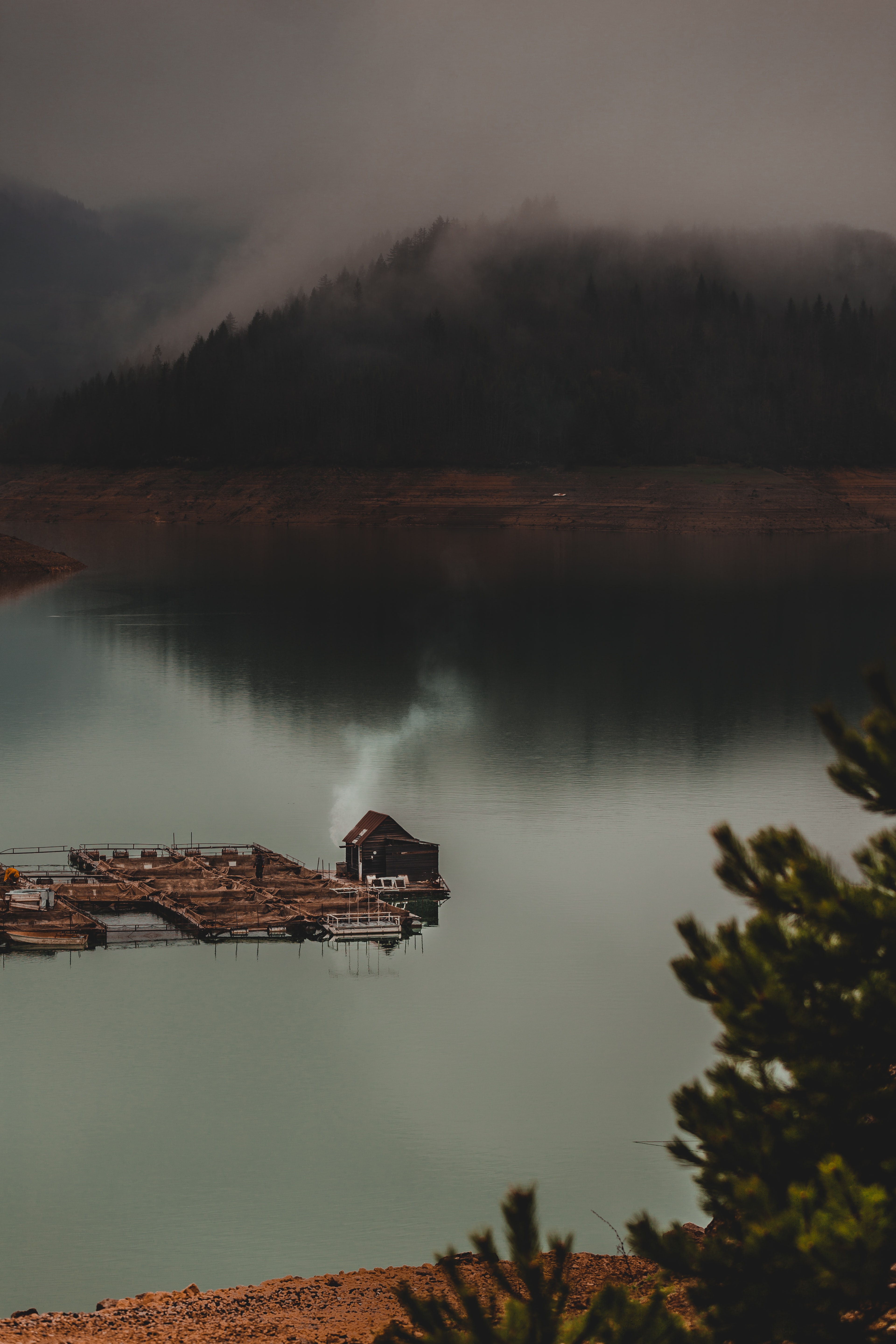 Free download wallpaper Lake, Forest, Fog, Nature, House on your PC desktop