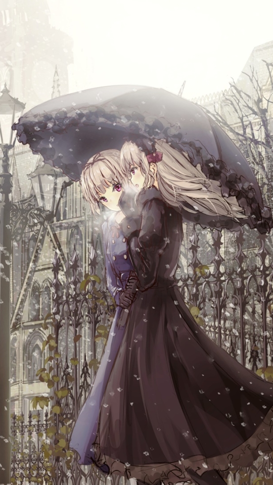 Download mobile wallpaper Anime, Umbrella, Blonde, Snowfall, Original, Red Eyes, Long Hair, Short Hair for free.