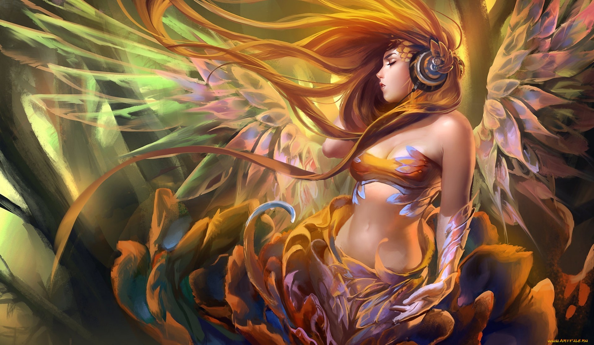 Download mobile wallpaper Fantasy, Headphones, Wings, Angel, Long Hair, Red Hair for free.
