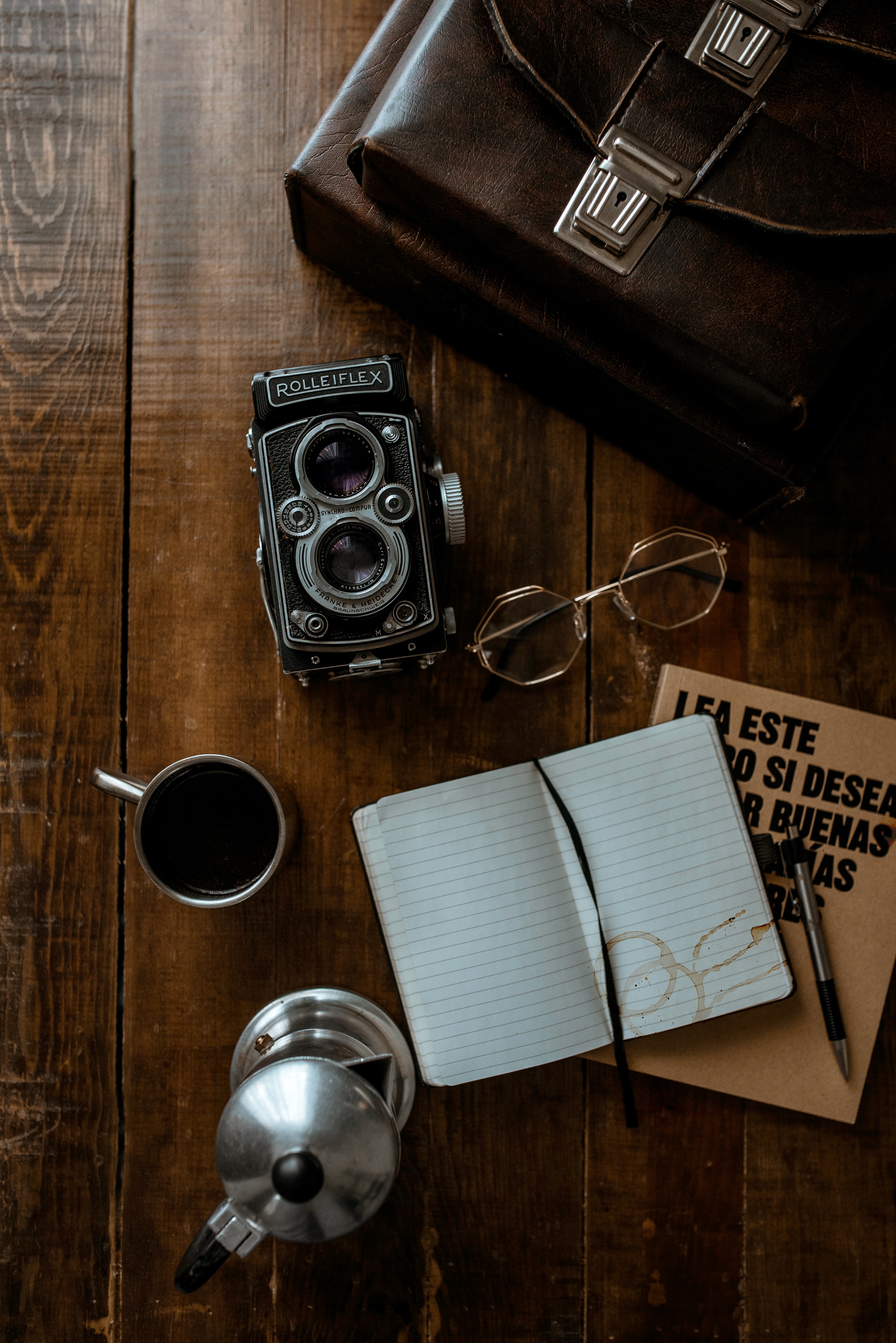 coffee, notebook, camera, notepad, miscellanea, miscellaneous, retro cellphone