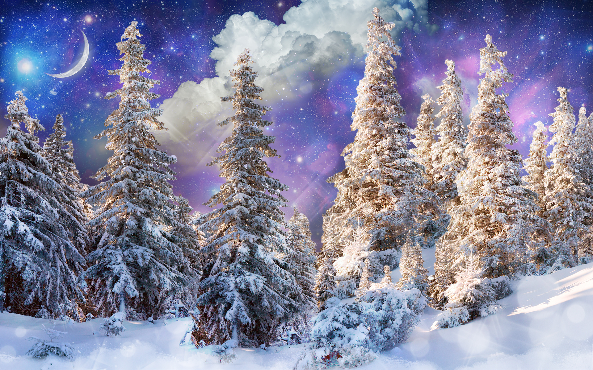 679783 descargar fondo de pantalla tierra/naturaleza, invierno, nube, creciente, abeto, cielo, nieve, espacio, cielo estrellado, árbol: protectores de pantalla e imágenes gratis