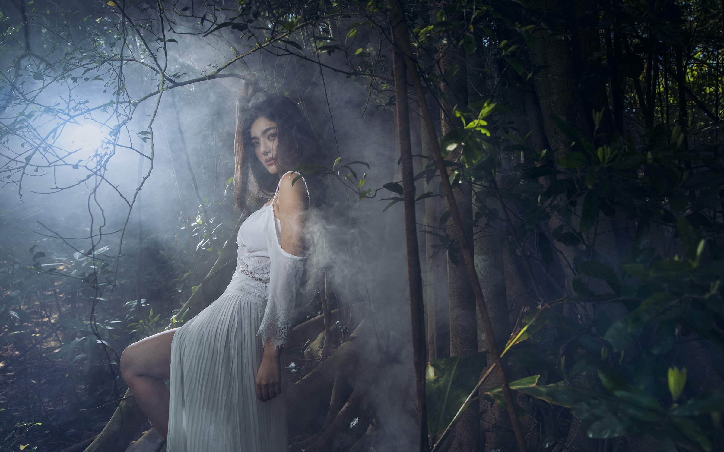 Free download wallpaper Fog, Brunette, Model, Women, Asian, White Dress on your PC desktop